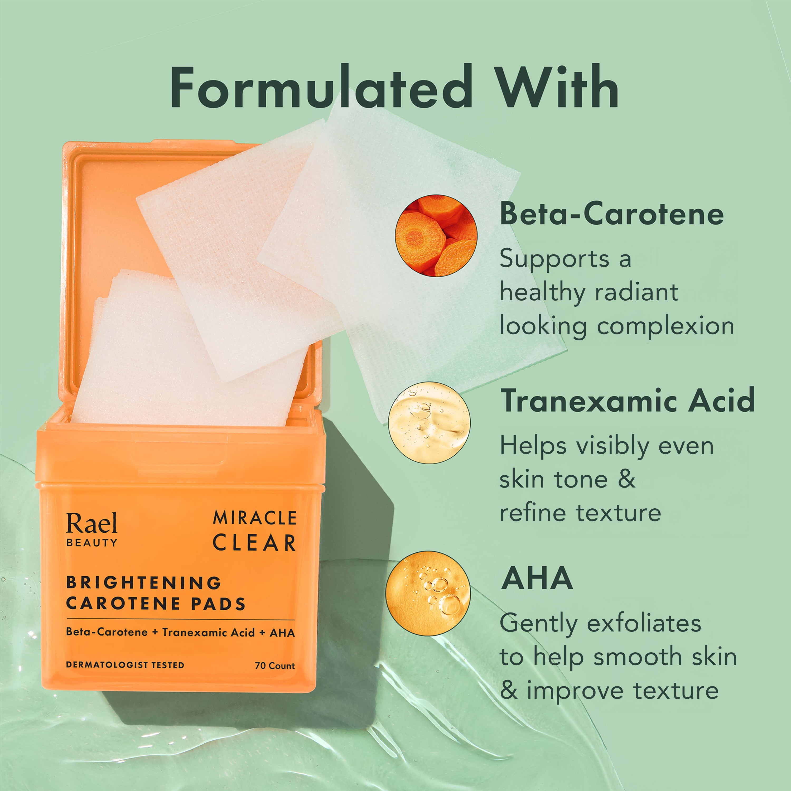 Rael Beauty Miracle Clear Brightening Carotene Pads with ingredients listed on a green background