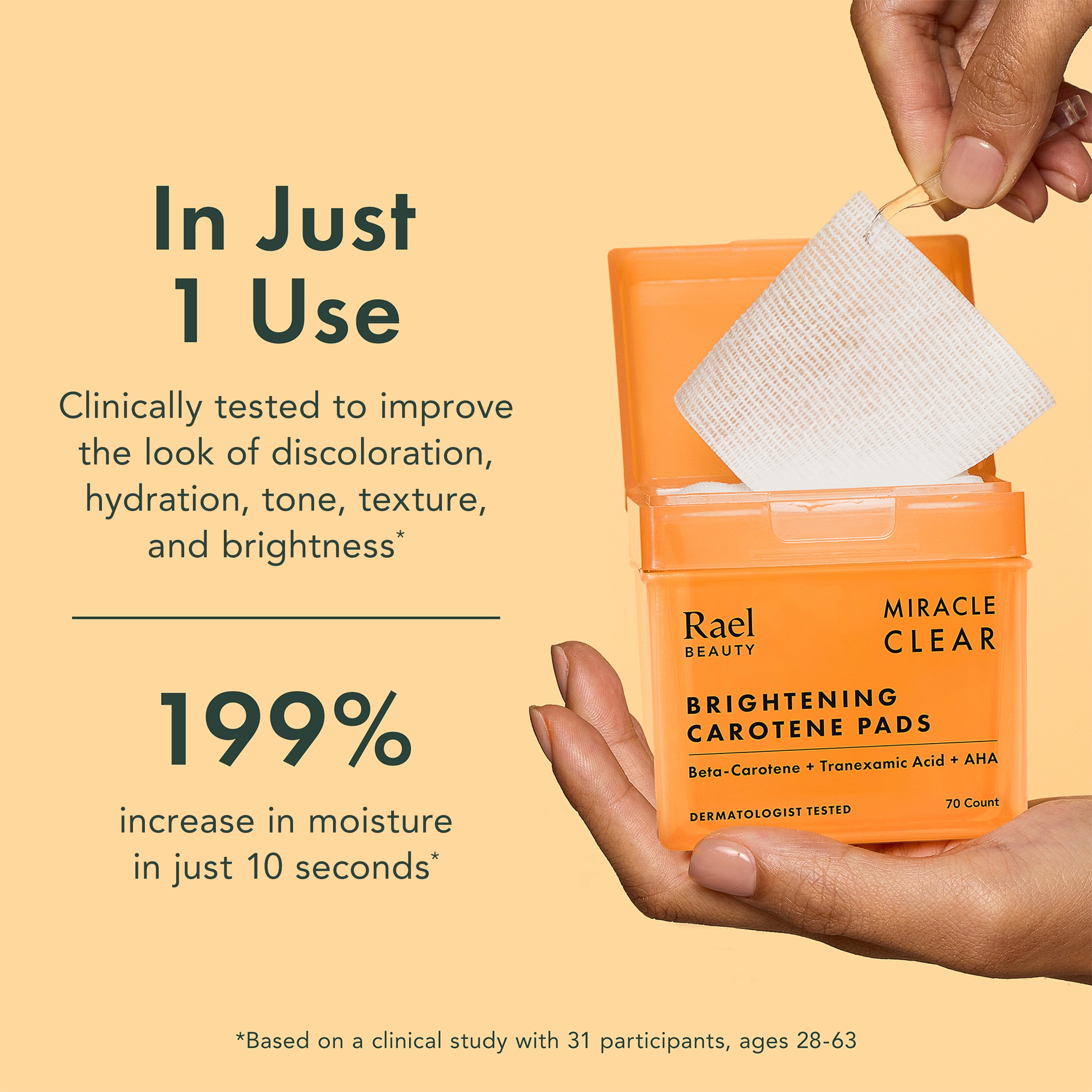 Rael Miracle Clear Brightening Carotene Pads packaging with text on a beige background