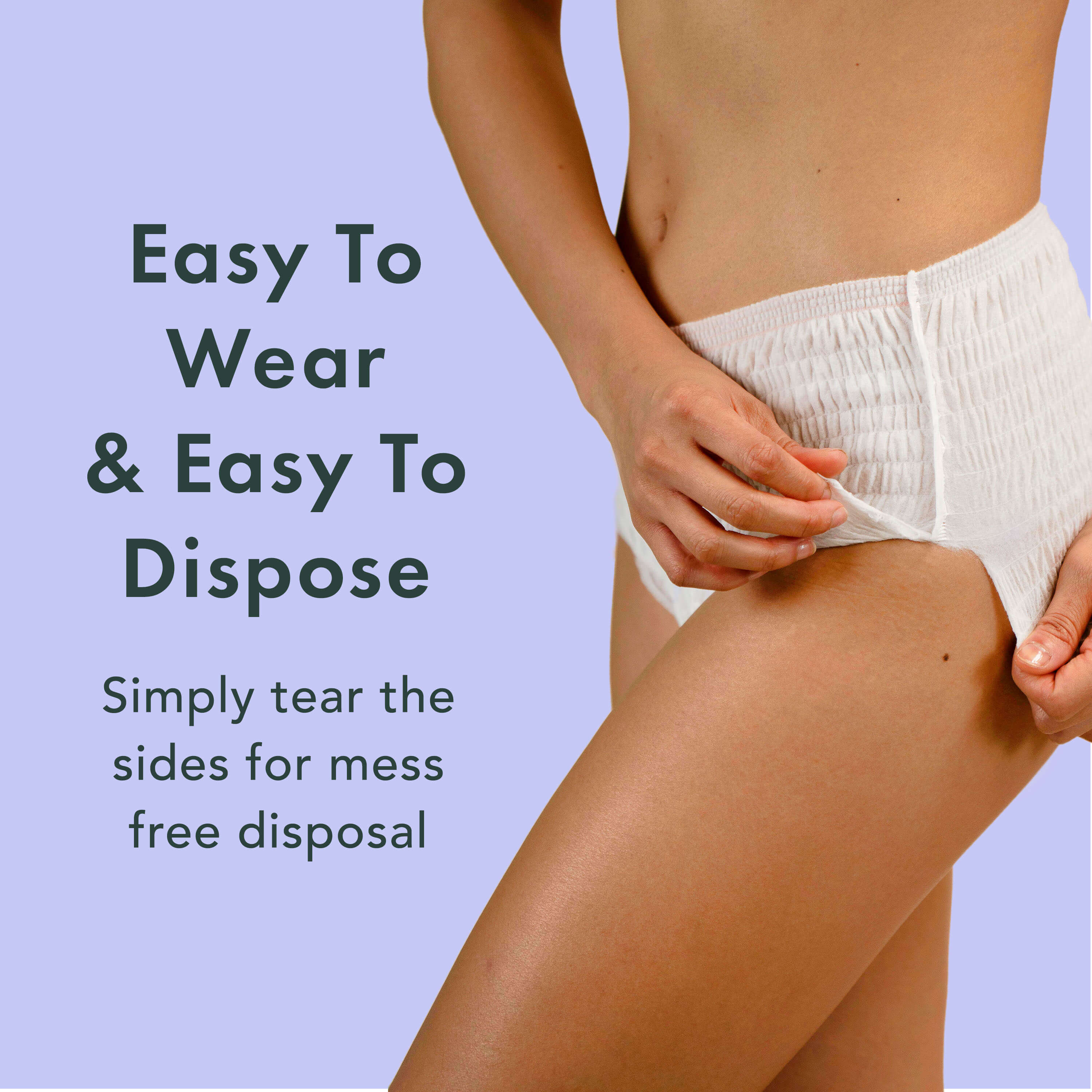 Person wearing a white diaper with text on a light purple background