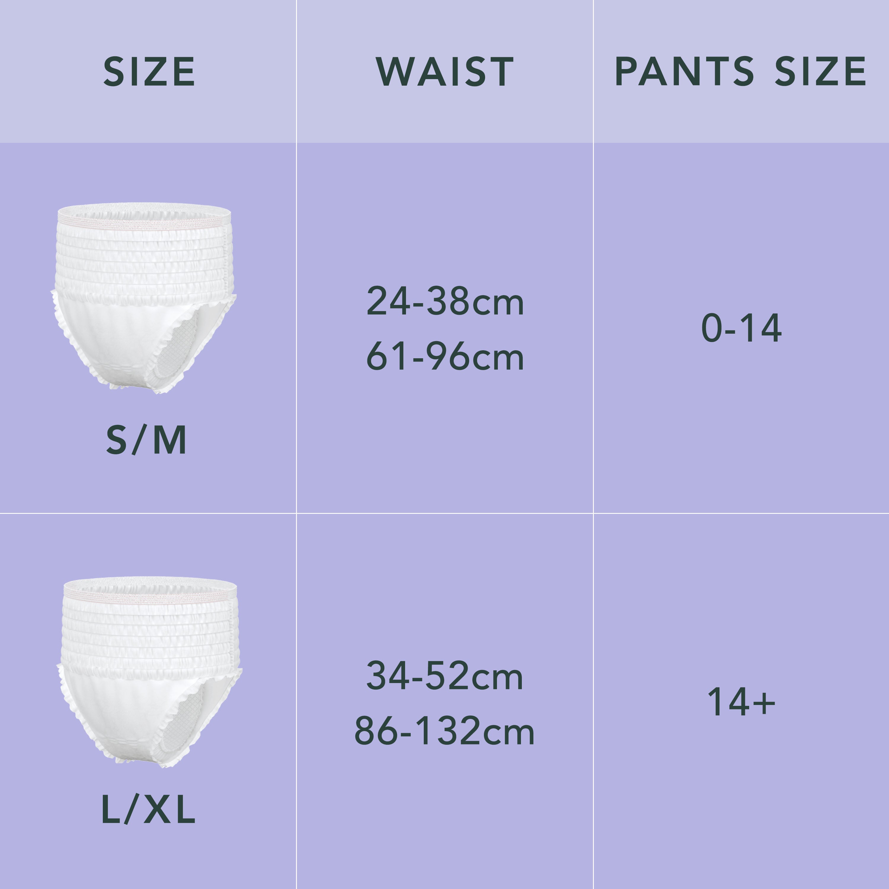 Size chart for pants with waist measurements and size labels on a purple background