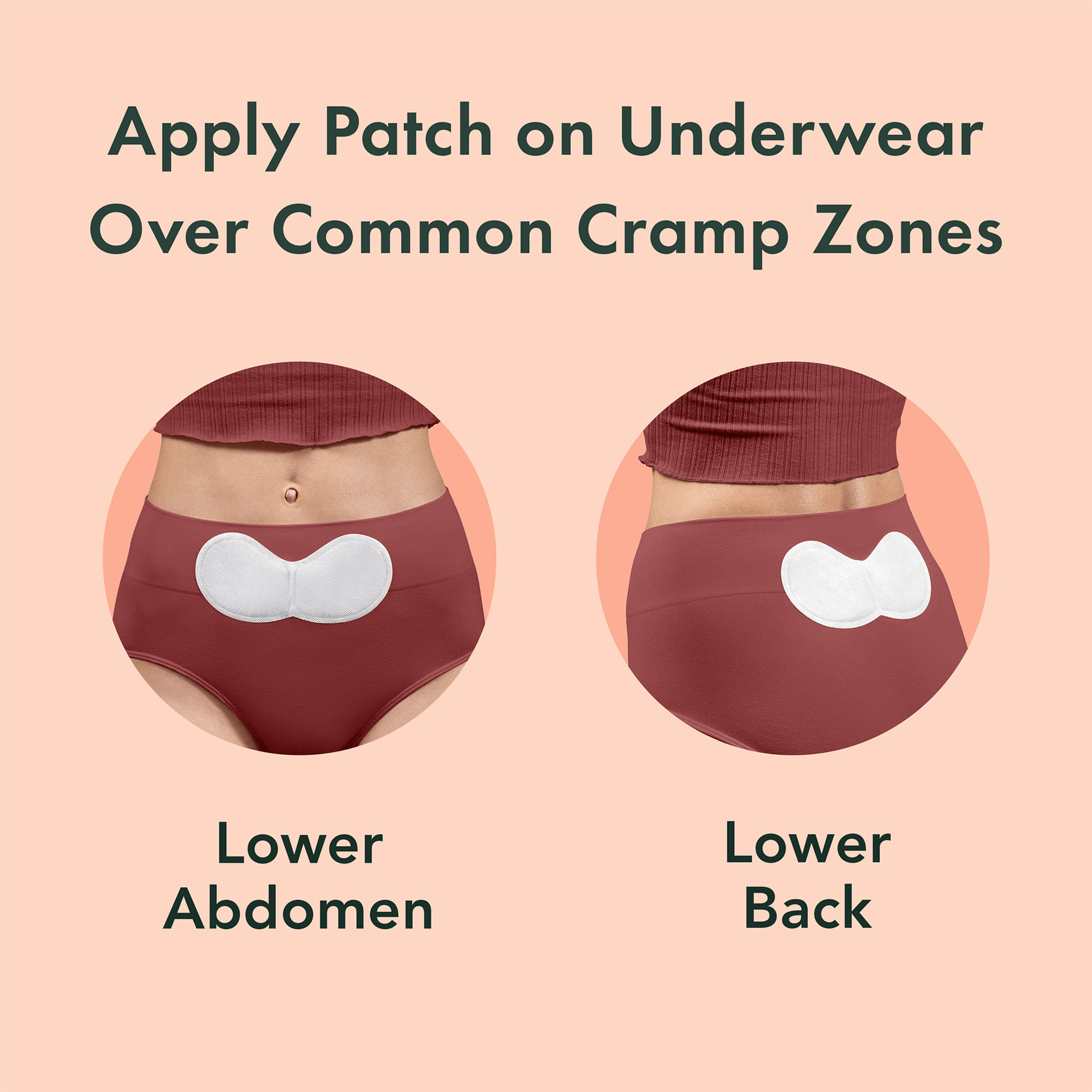 Maroon underwear with a white patch applied to the lower abdomen and lower back on a beige background.