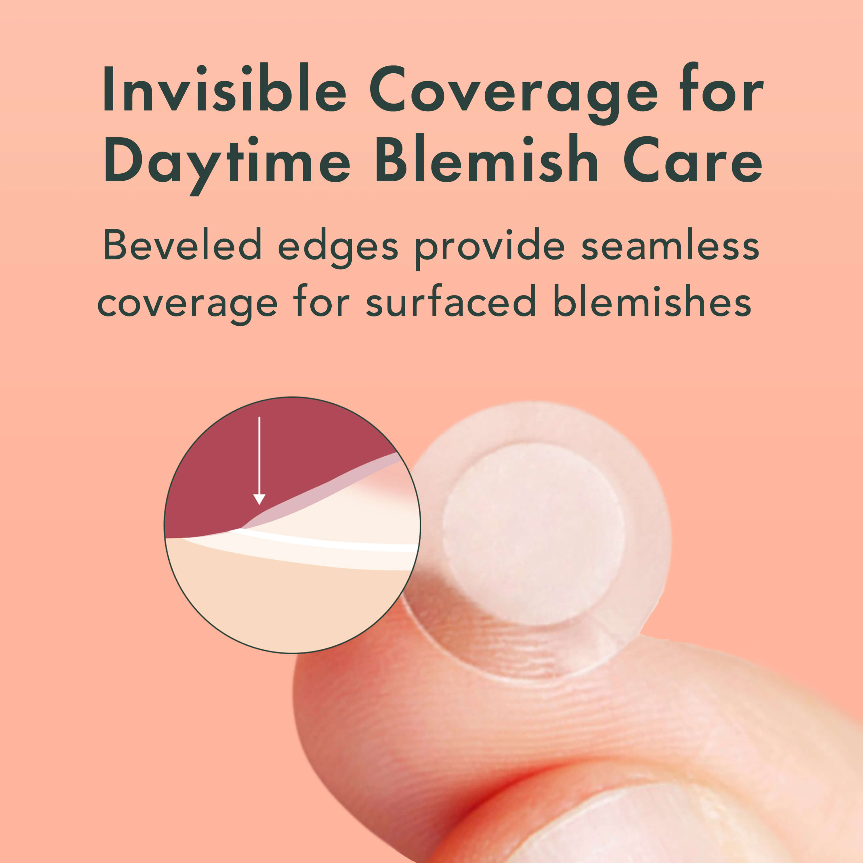 Cosmetic product with beveled edges on a pink background, highlighting 'Invisible Coverage for Daytime Blemish Care'.