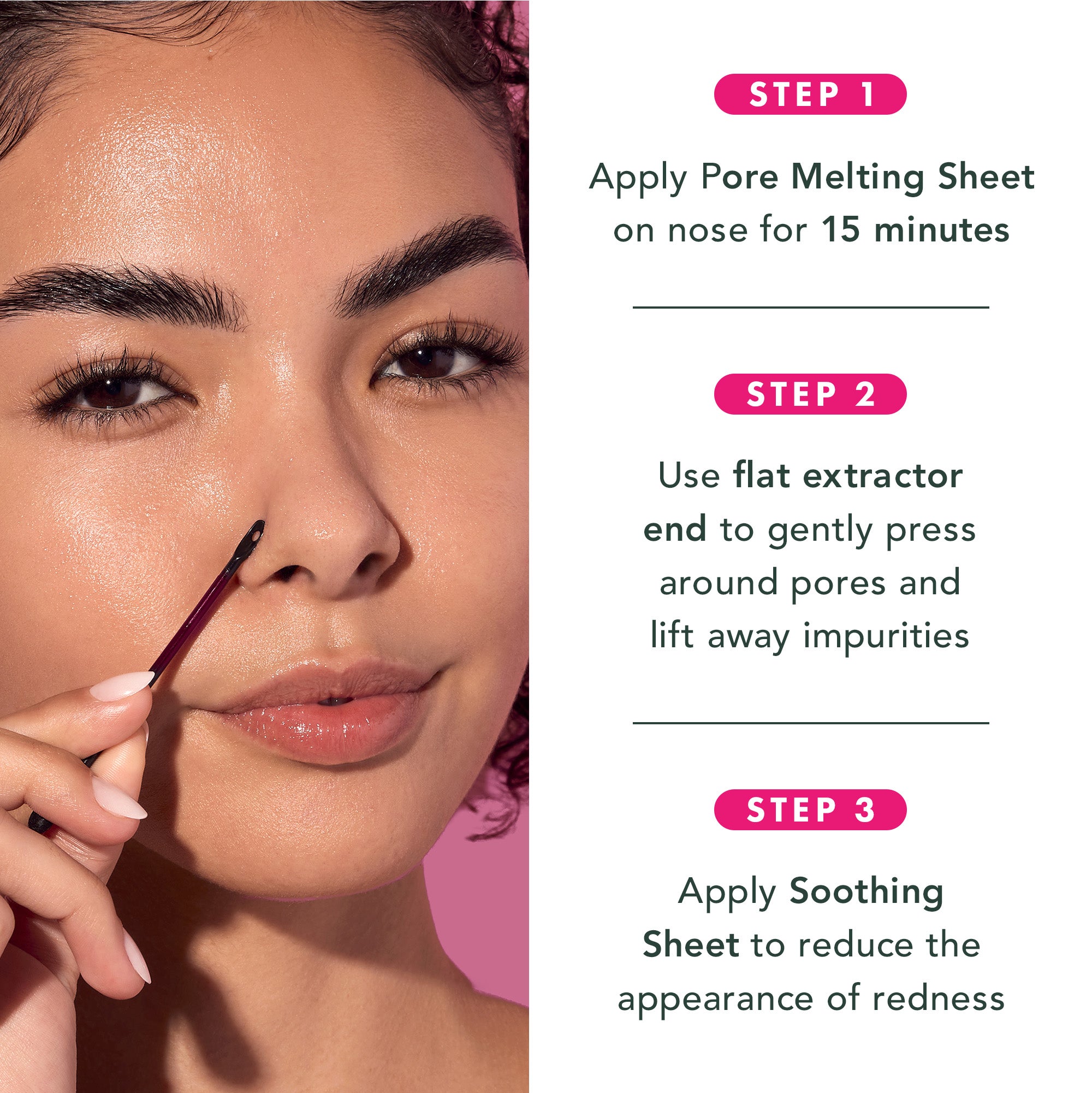 Woman applying a poremelting sheet with step-by-step instructions on a pink background