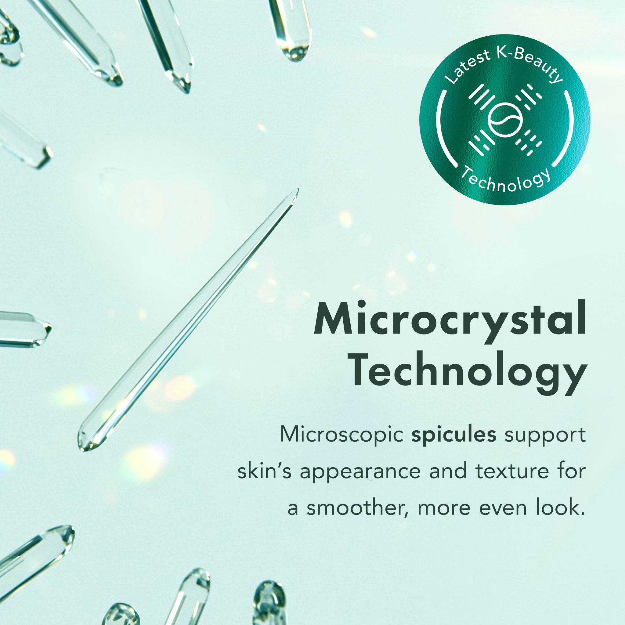 Advertisement for microcrystal technology with test tubes and text on a light blue background.