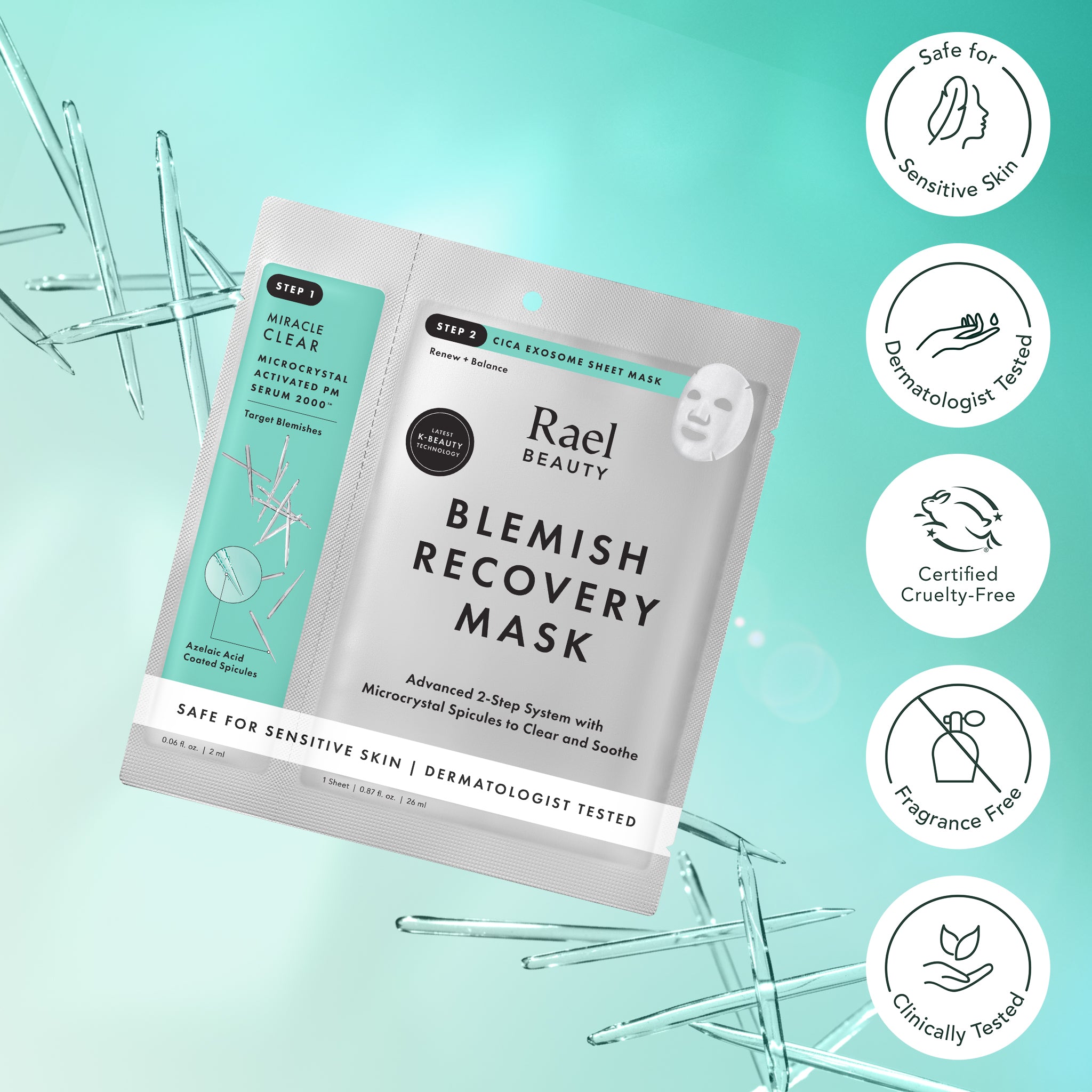 Rael Beauty blemish recovery mask packaging on a light blue background with brand icons.