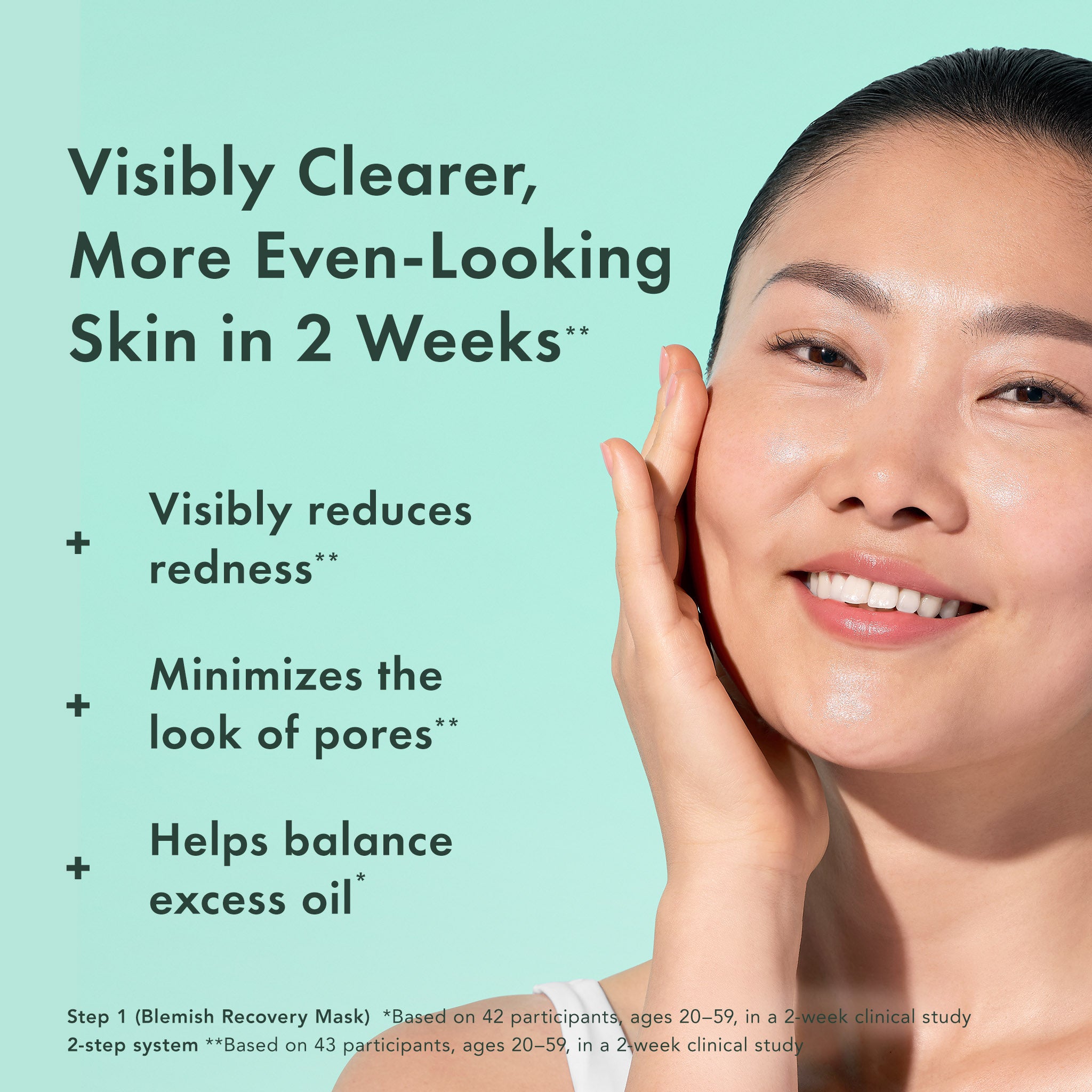 Advertisement for skin care product showing a woman with clear skin and text about product benefits on a light green background.