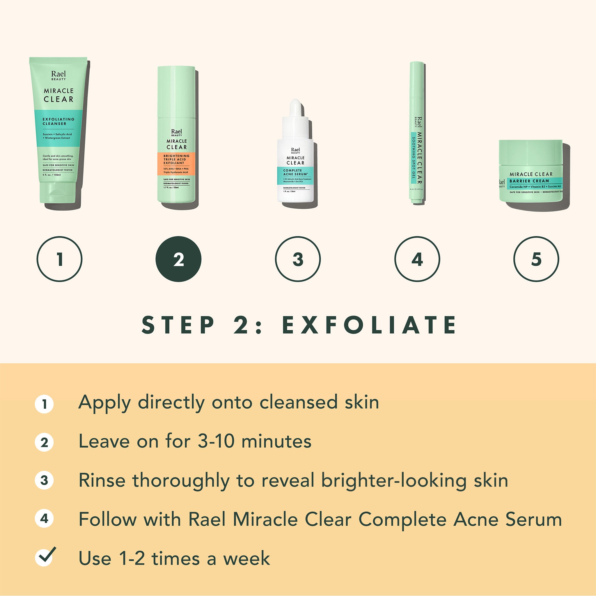 Rael skincare products with step-by-step instructions on a white background
