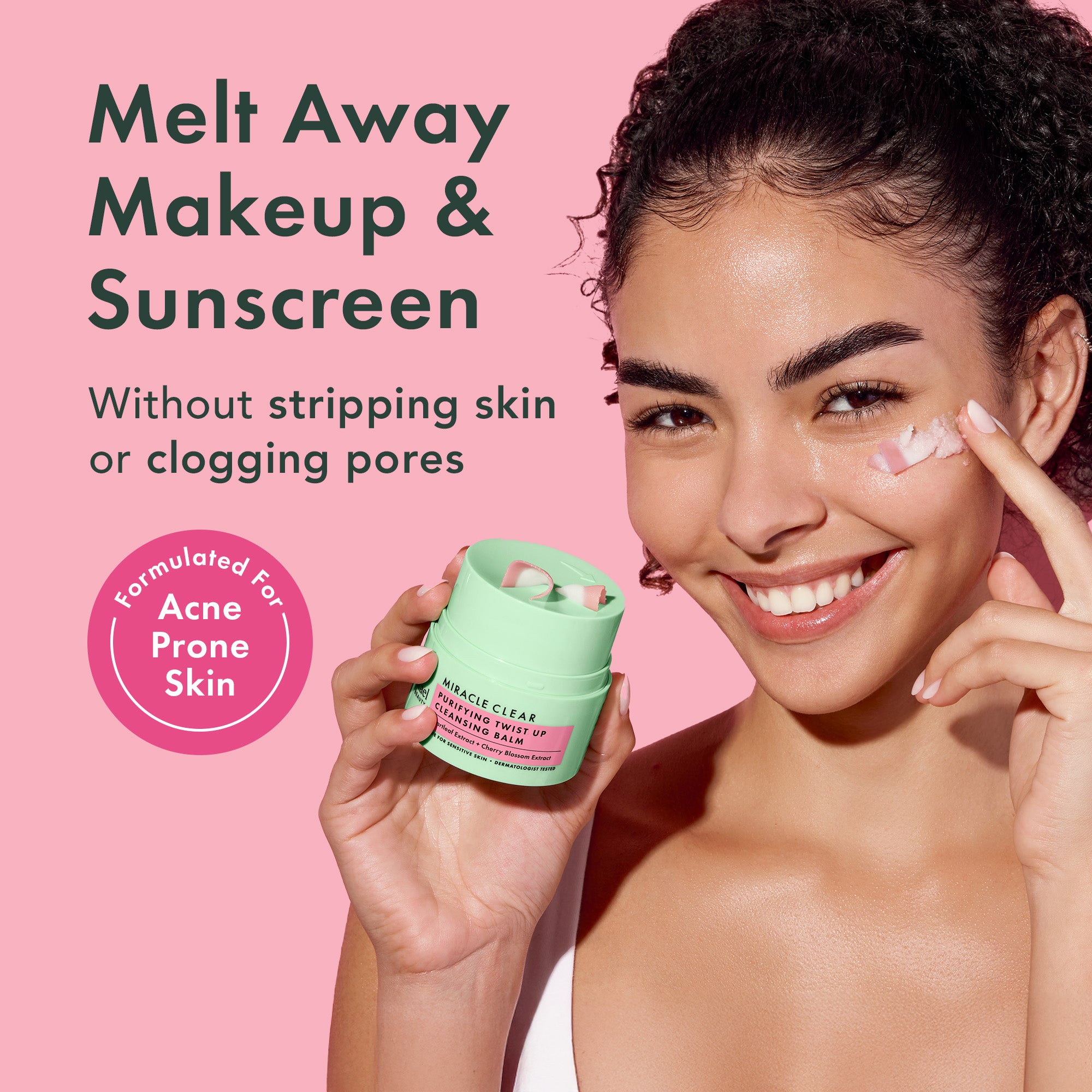 Woman applying skincare product with text about makeup removal and skin care benefits on a pink background