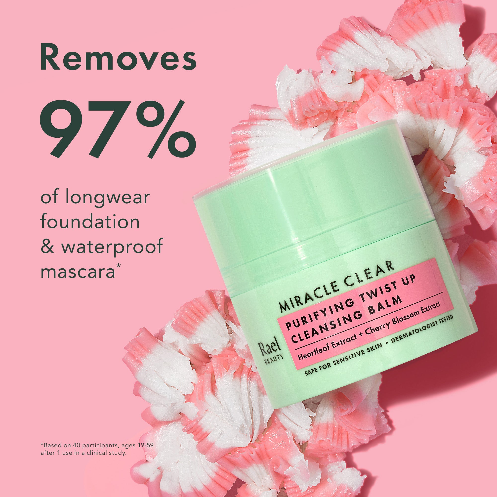 Cleansing balm with pink and white brush bristles on a pink background, featuring text about its effectiveness.