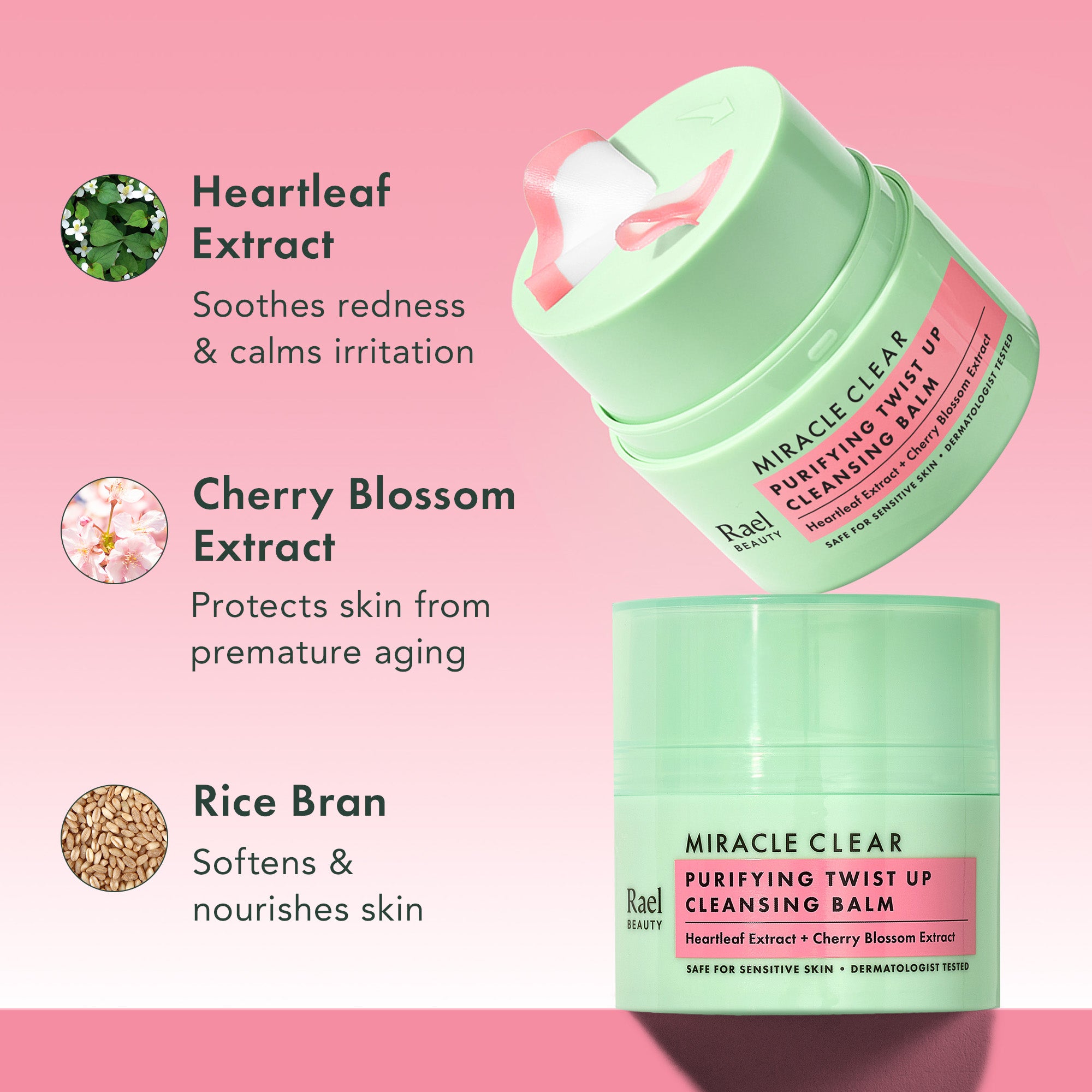 Rael Miracle Clear Purifying Twist Up Cleansing Balm with ingredients on a pink background