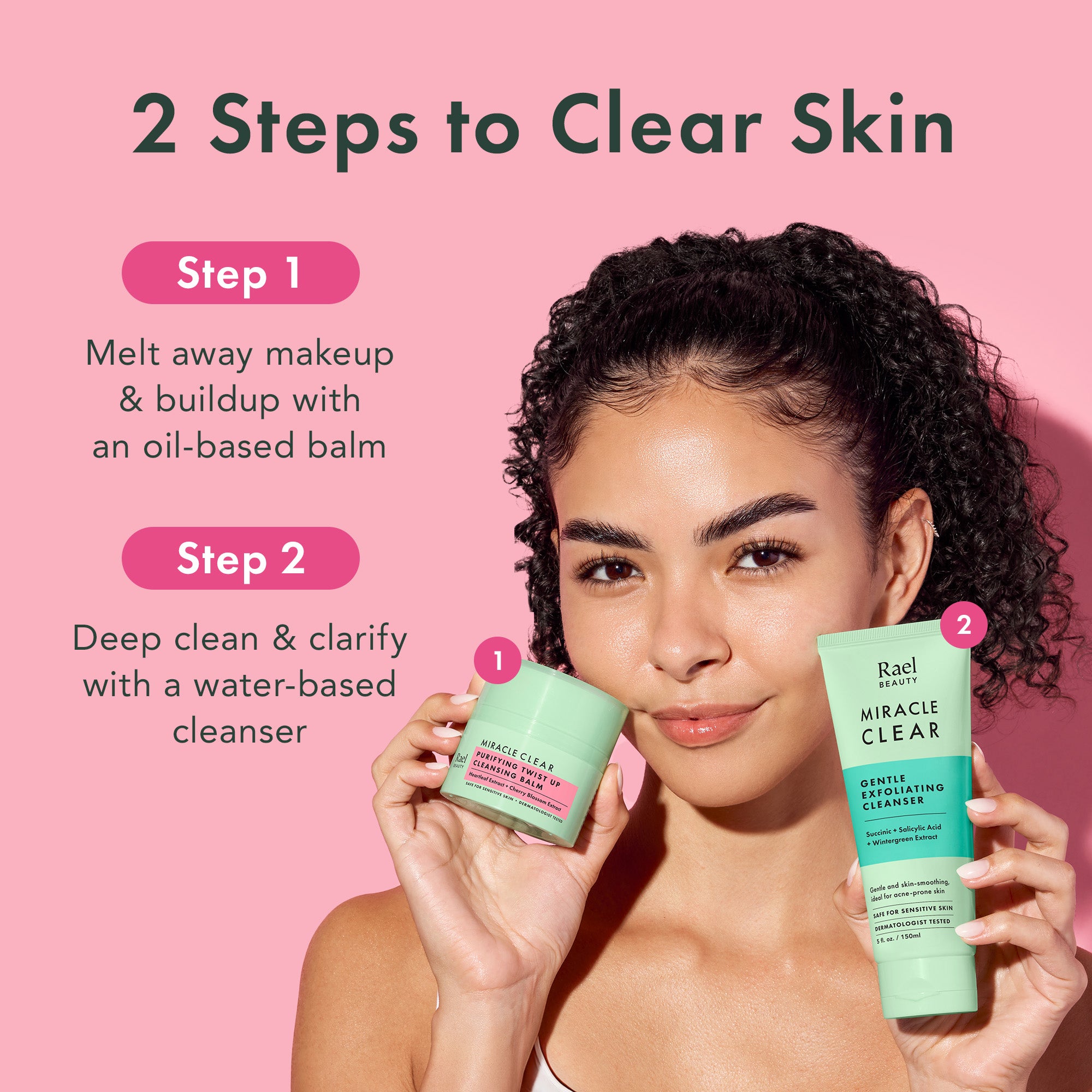 Woman holding two skincare products with text on a pink background