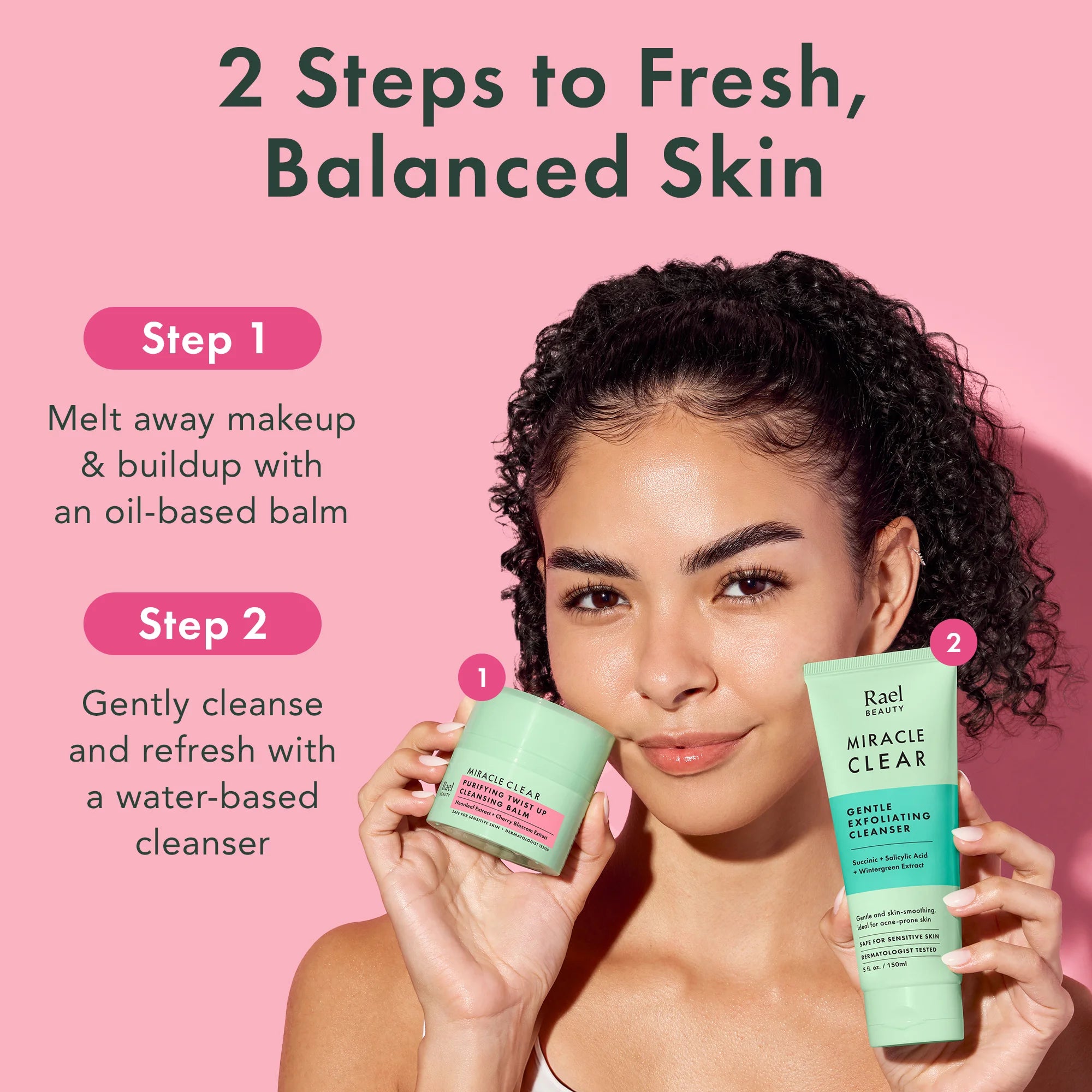 Woman holding two bottles of Rael Miracle Clear skincare products on a pink background with text about skincare steps.