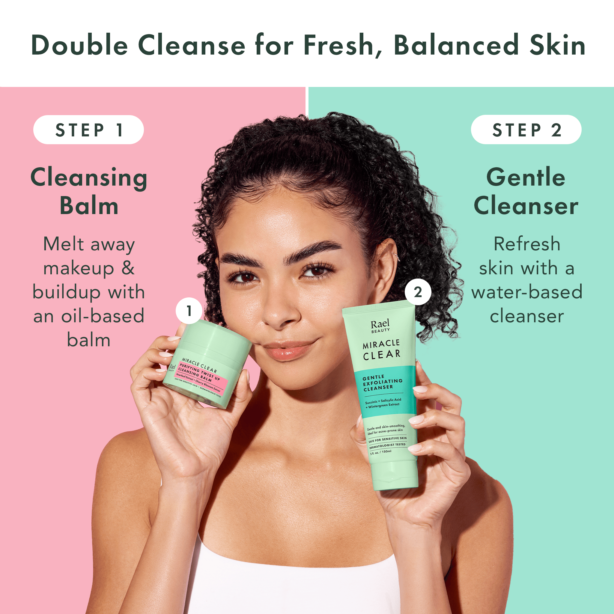 A woman holds two skincare products against a split pink and mint background. Text reads 'Double Cleanse for Fresh, Balanced Skin' with Step 1 'Cleansing Balm' and Step 2 'Gentle Cleanser.