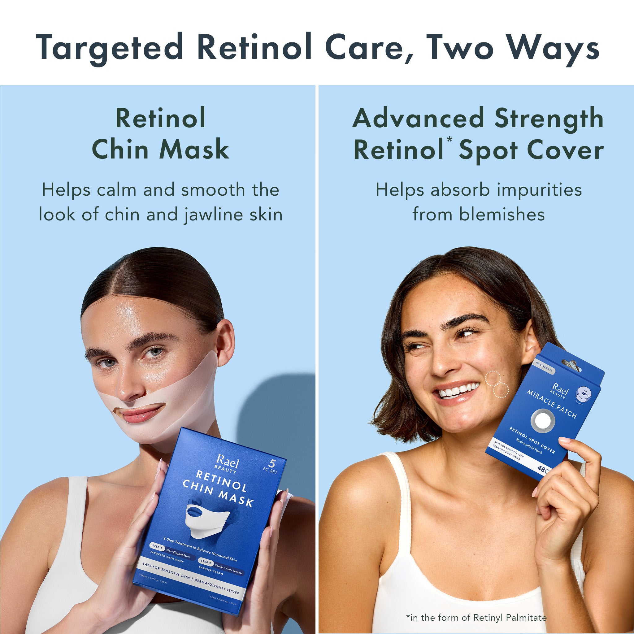 Promotional graphic for Retinol Chin Mask and Advanced Strength Retinol Spot Cover, showing two women holding blue product boxes against a light blue background with text callouts.