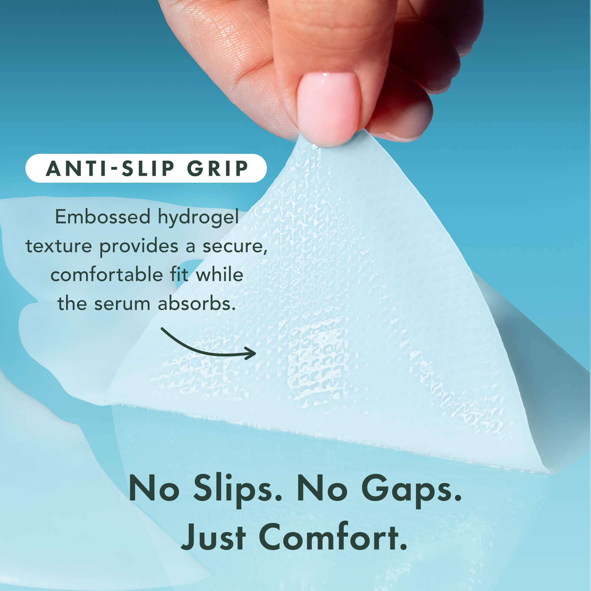 Hand holding a hydrogel sheet with text about anti-slip grip and comfort.