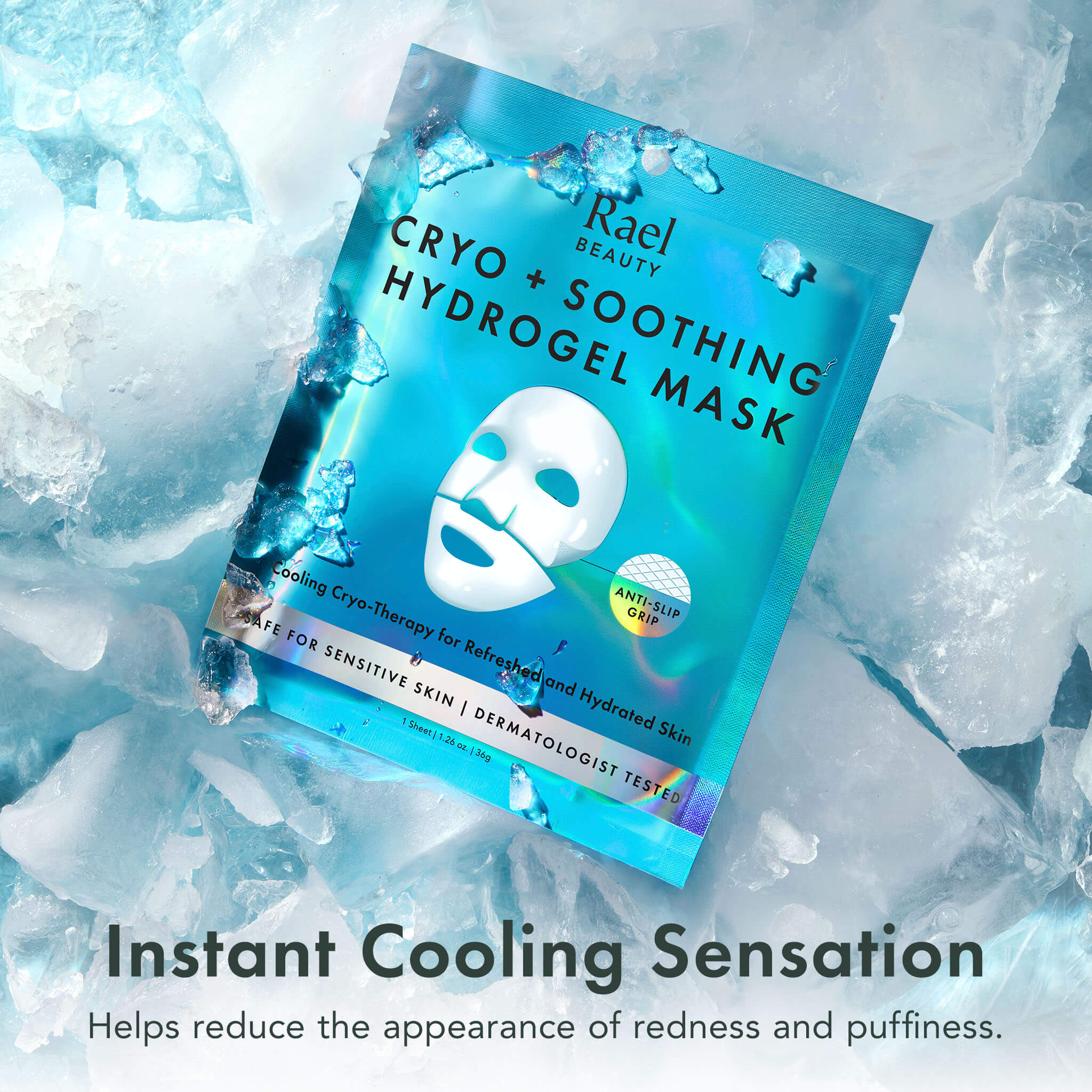 Rael Cryo + Soothing Hydrogel Mask packaging on a background of ice cubes