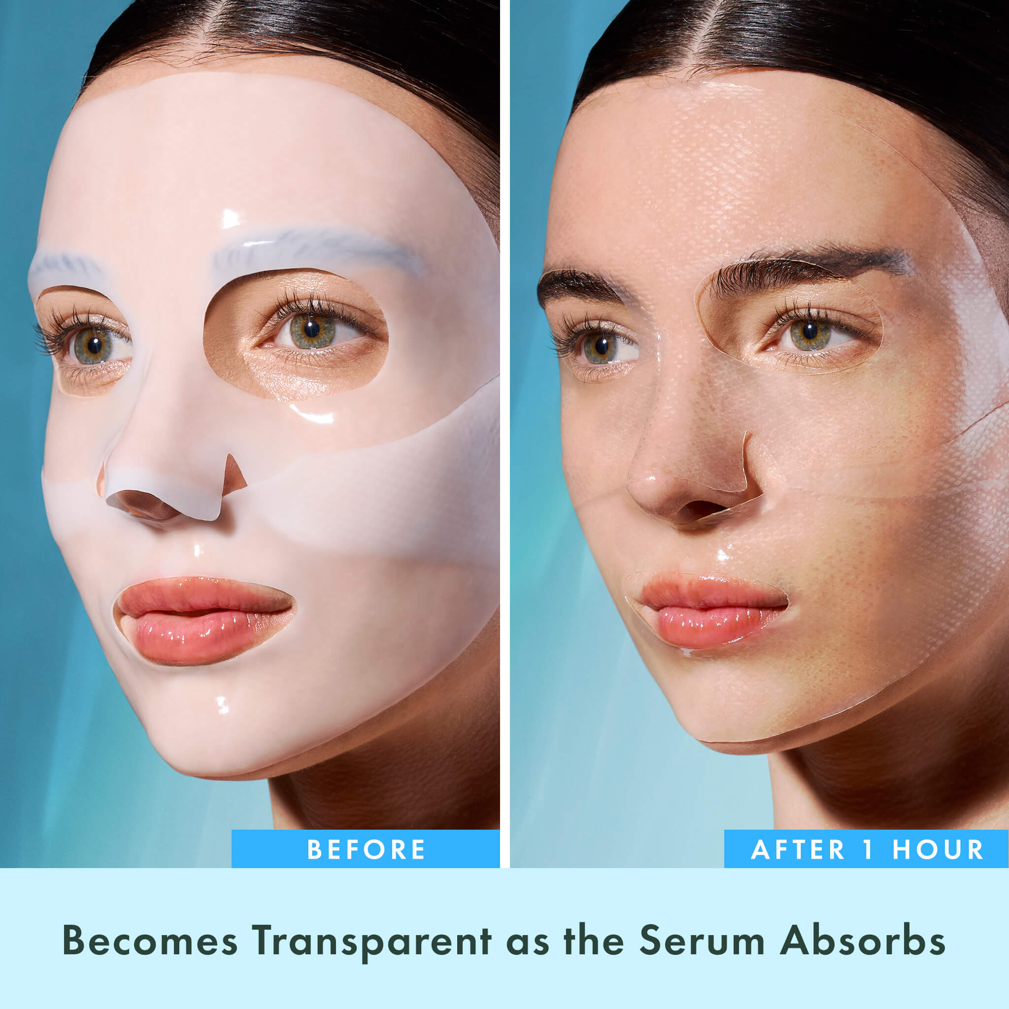 Before and after comparison of a facial mask application on a person's face.
