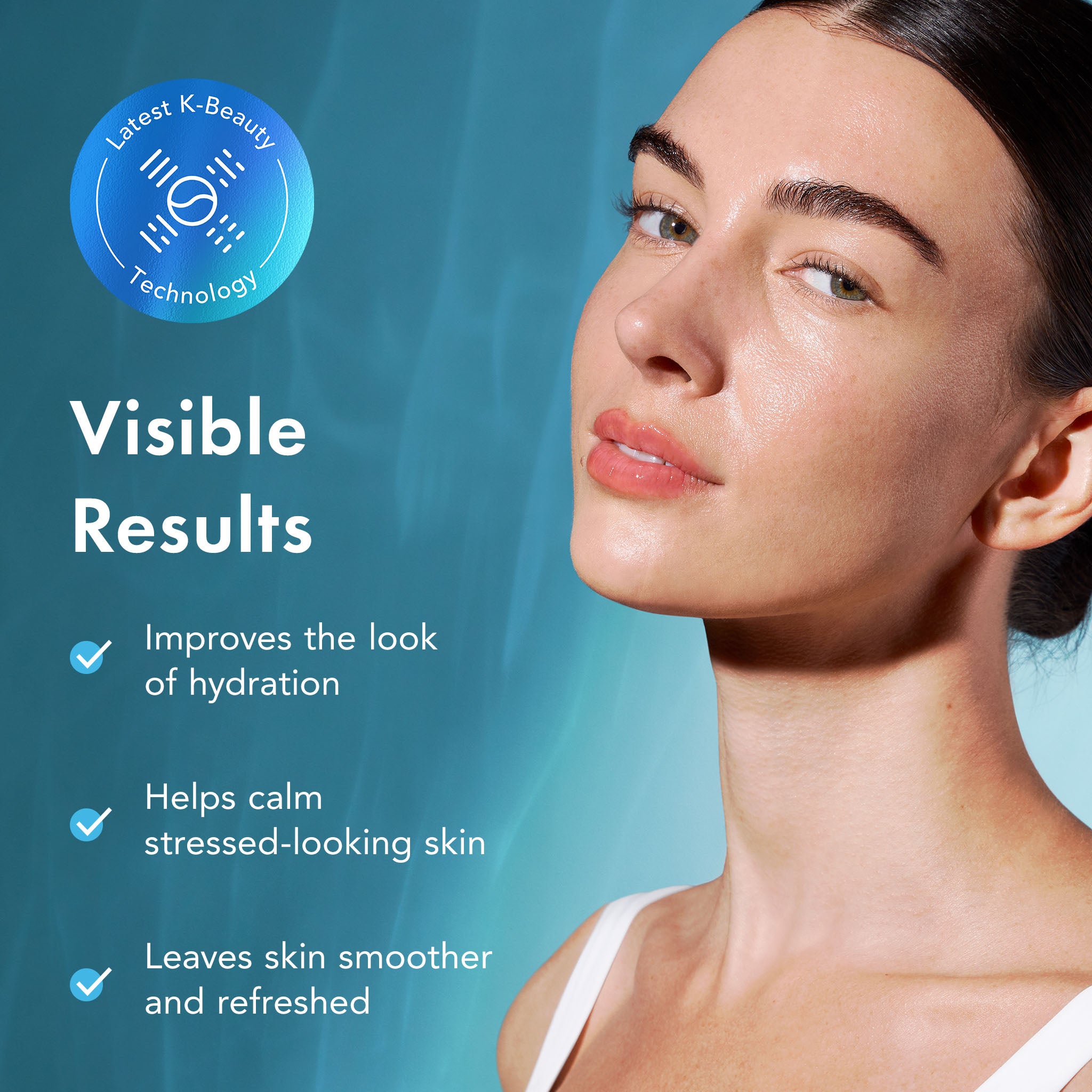 Woman with smooth skin on a blue background with text about skincare benefits