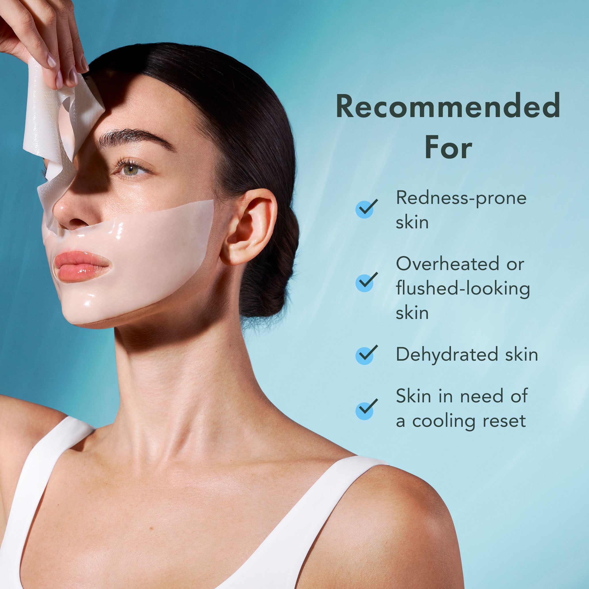 Woman applying a face mask with text indicating its benefits for various skin conditions on a blue background.