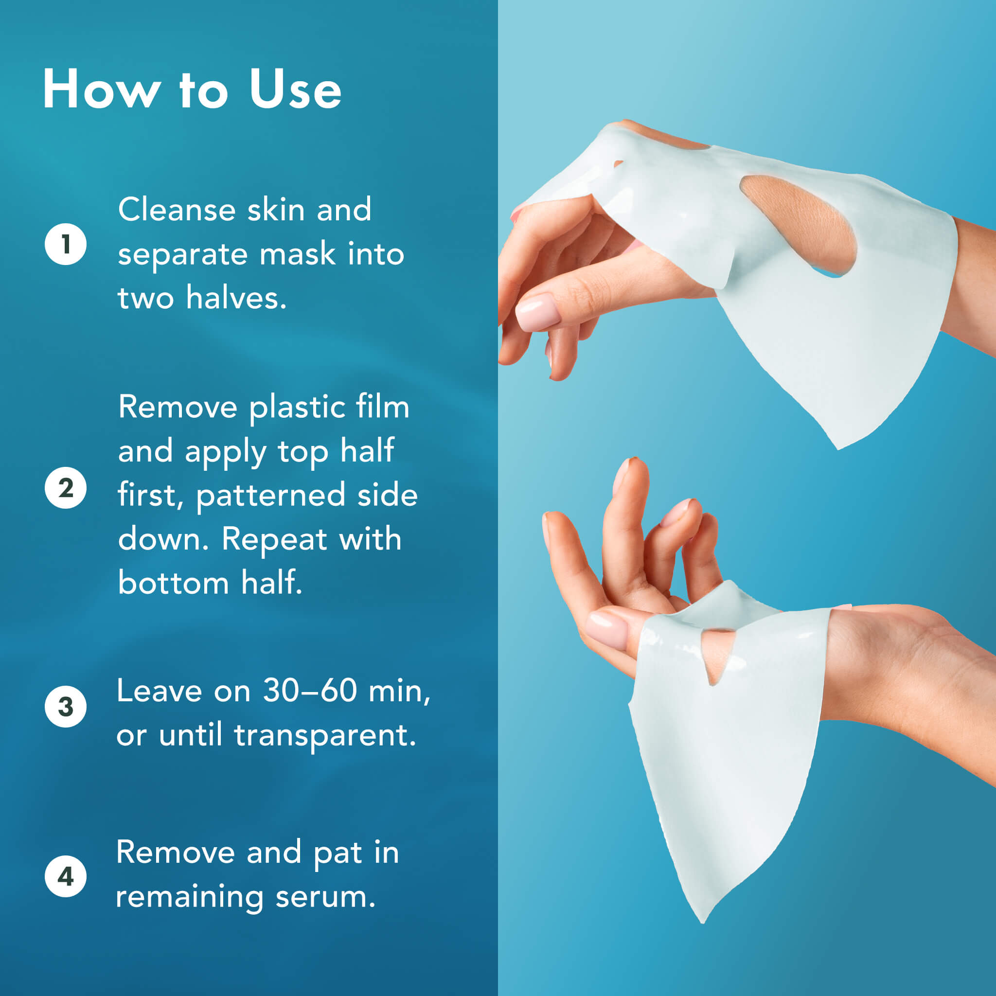 Instructions on how to use a face mask with text and images of hands applying the mask.