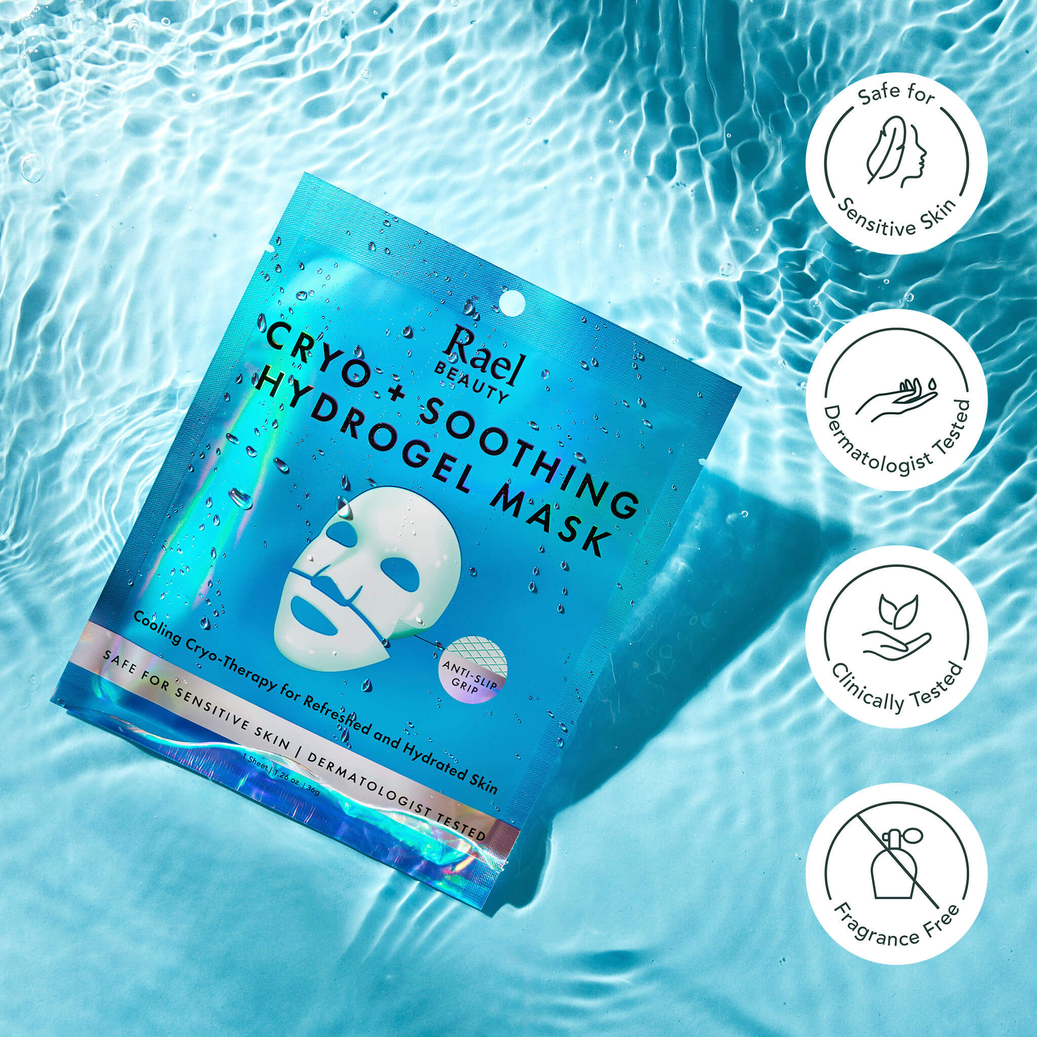 Rael Cryo + Soothing Hydrogel Mask packaging on water with product benefits icons.