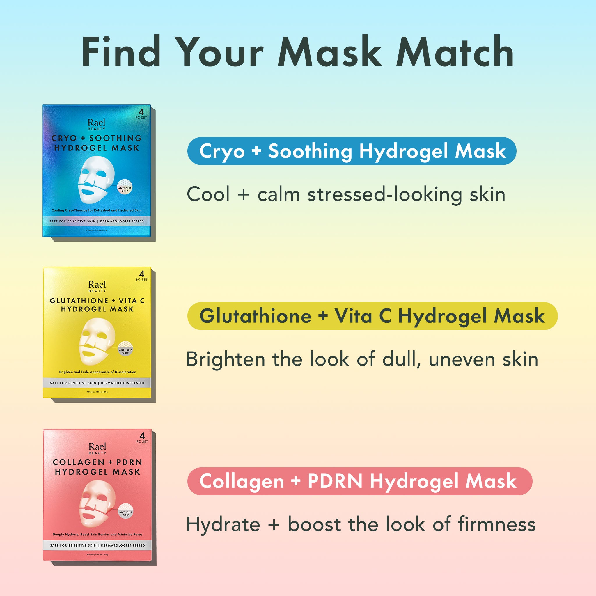 Promotional graphic for hydrogel masks with product names and benefits on a gradient background.