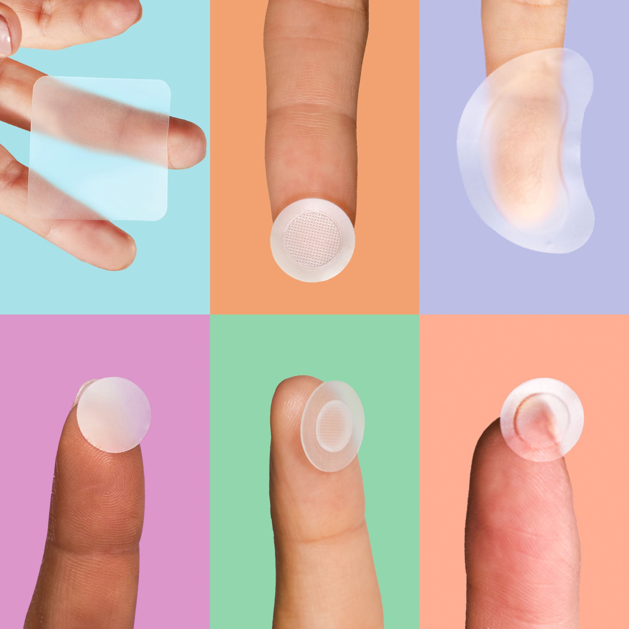 Collage of adhesive patches on fingers against colorful backgrounds