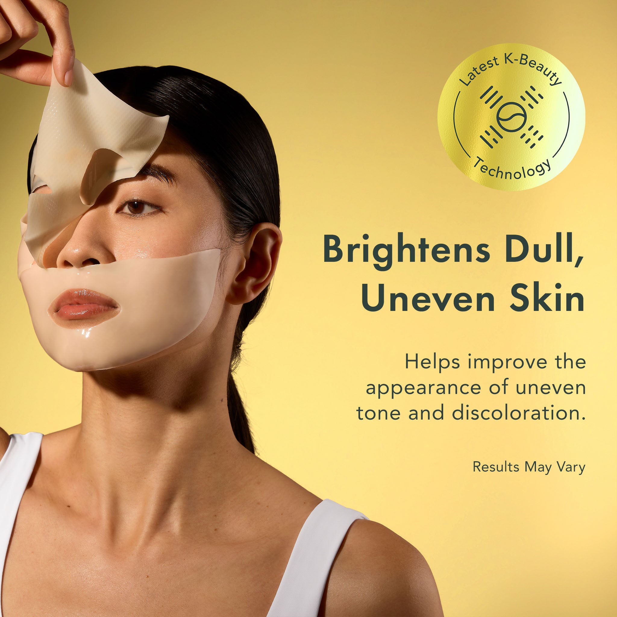 Woman applying a face mask with text about skin brightening on a yellow background