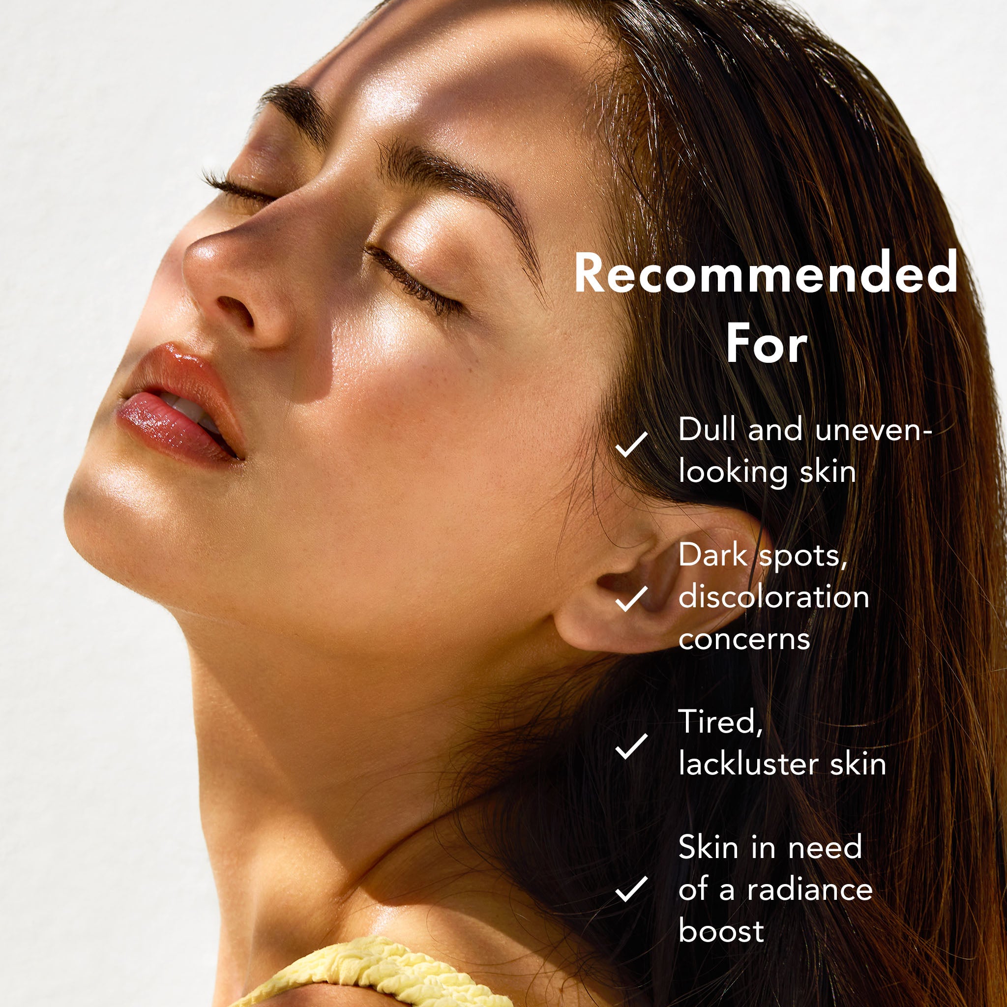 Woman with glowing skin and text indicating product benefits on a light gray background