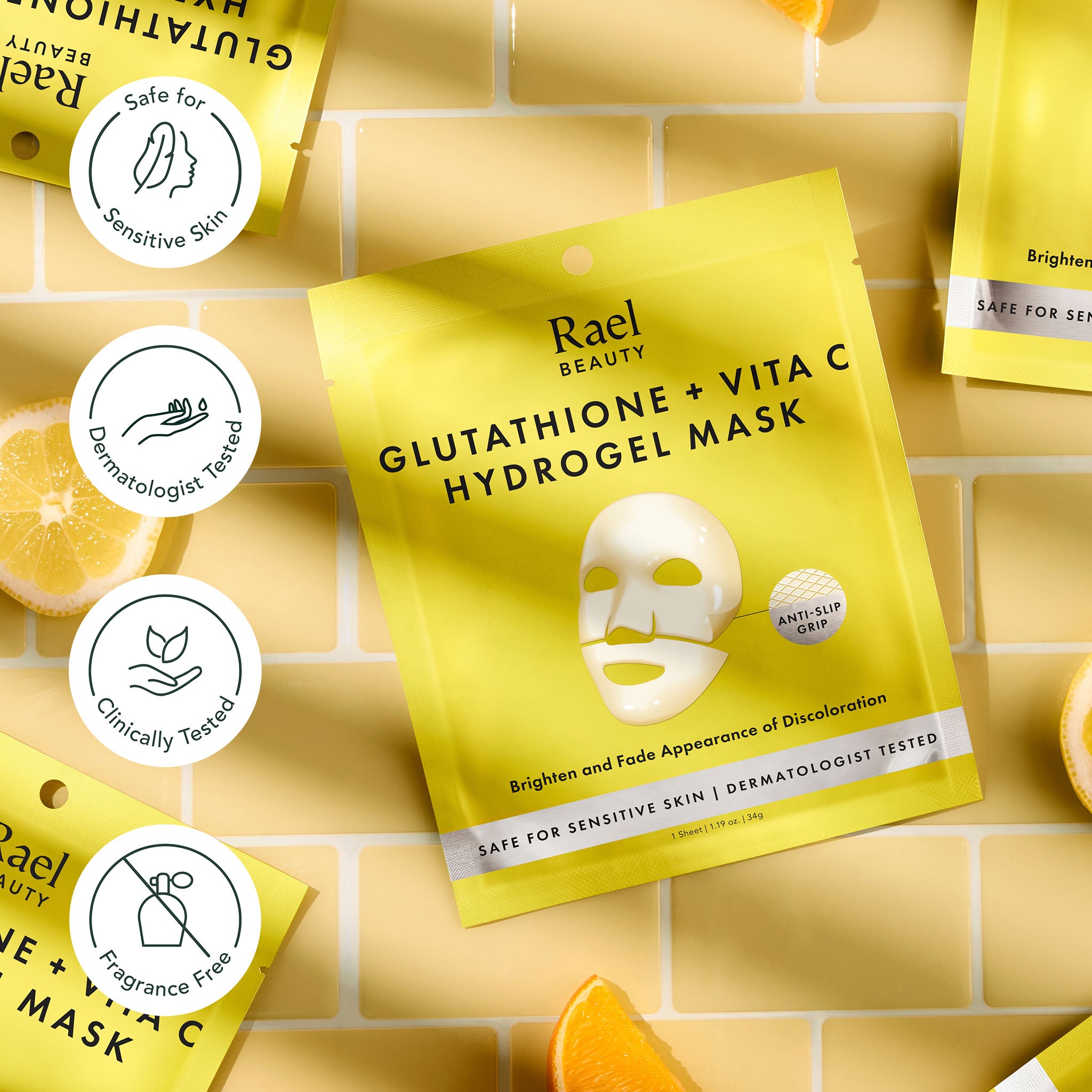 Yellow hydrogel mask package with 'Rael Beauty' branding on a yellow tiled background.