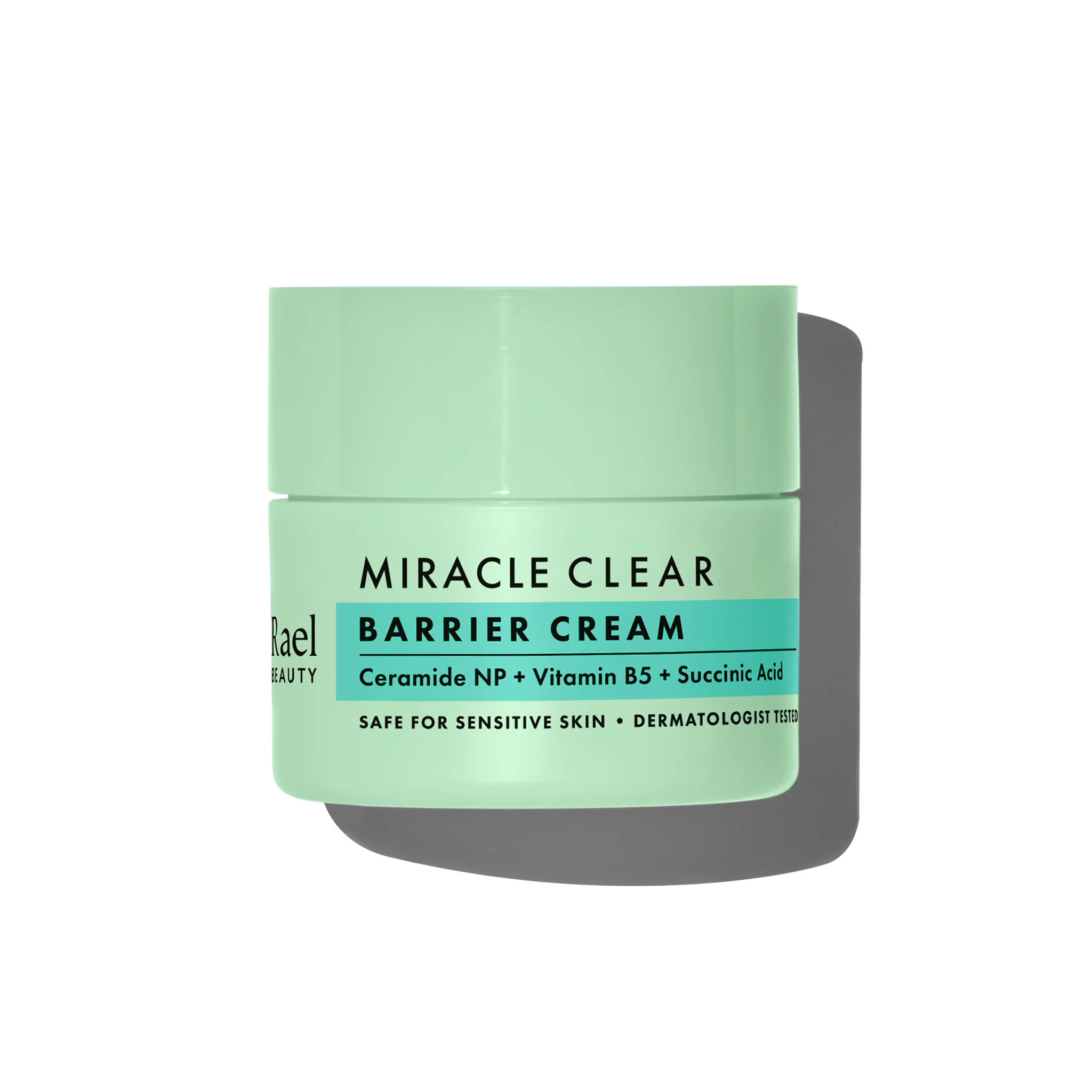 Green jar of Miracle Clear Barrier Cream on a white background