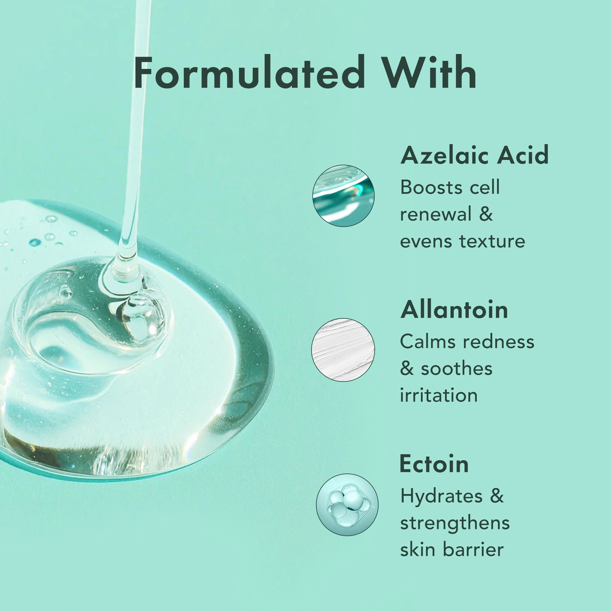 Microneedling serum texture with text on a teal background about azelaic acid, allantoin, and ectoin benefits.