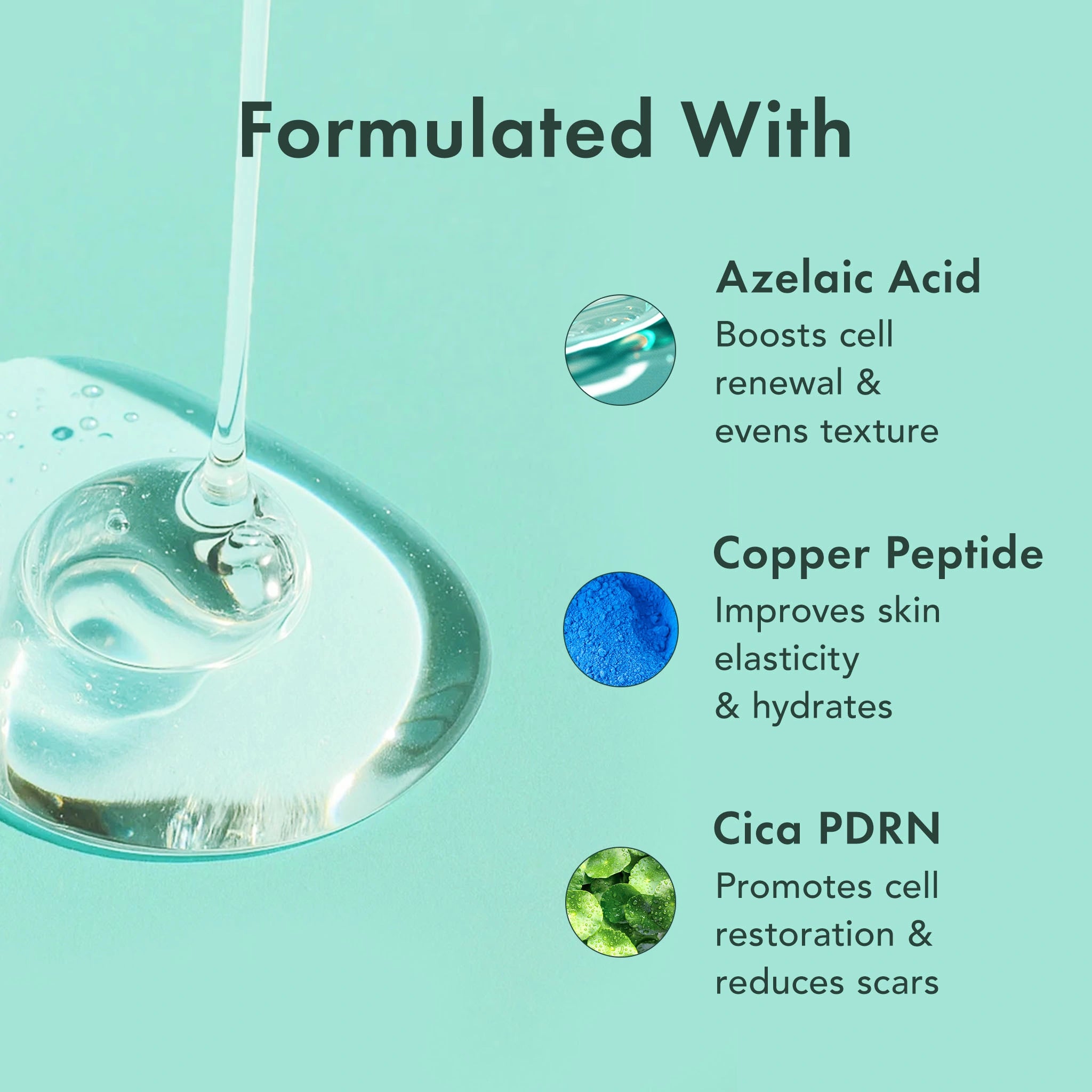Liquid microneedling droplet on a teal background, featuring text about key ingredients.