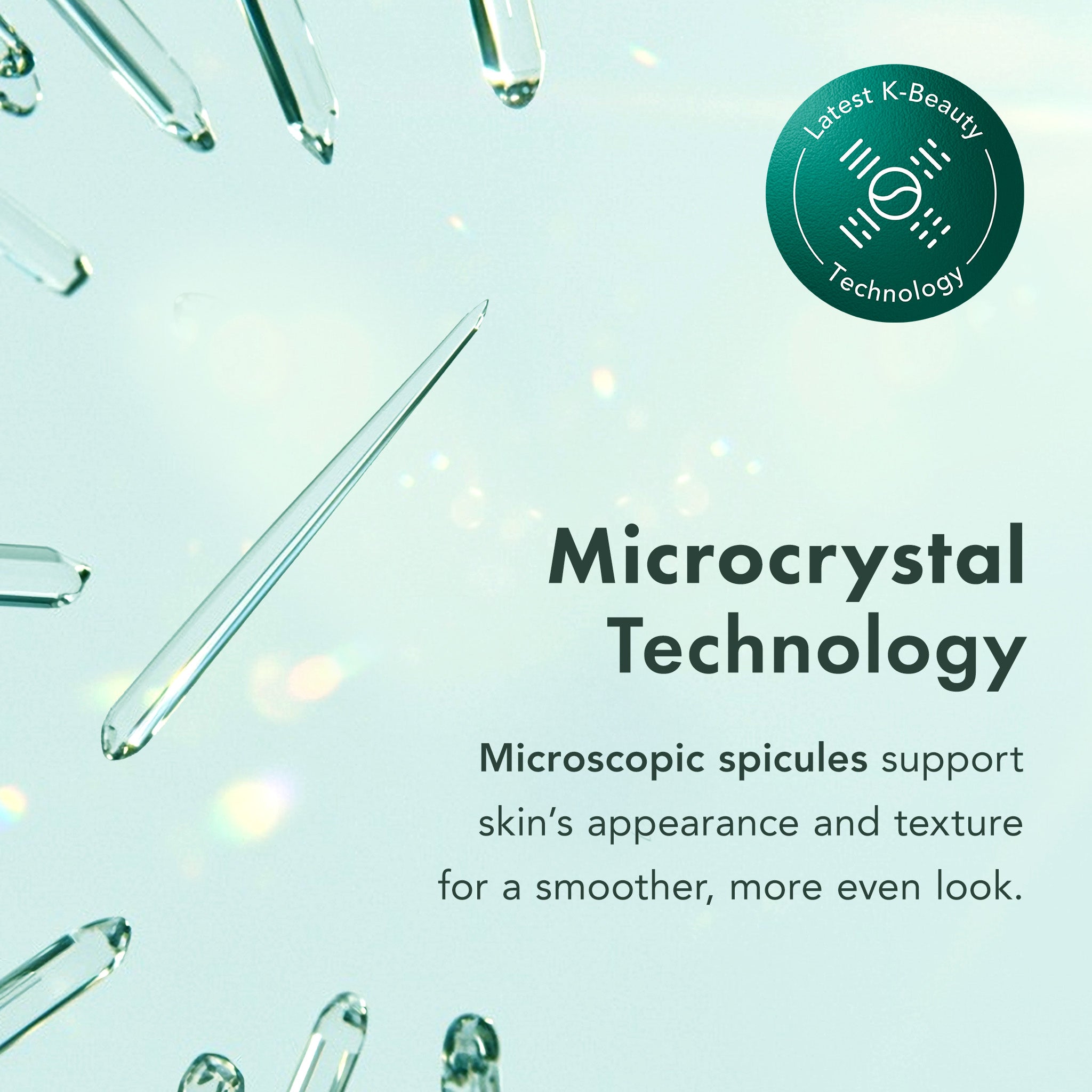 Advertisement for microcrystal technology with droppers on a light blue background