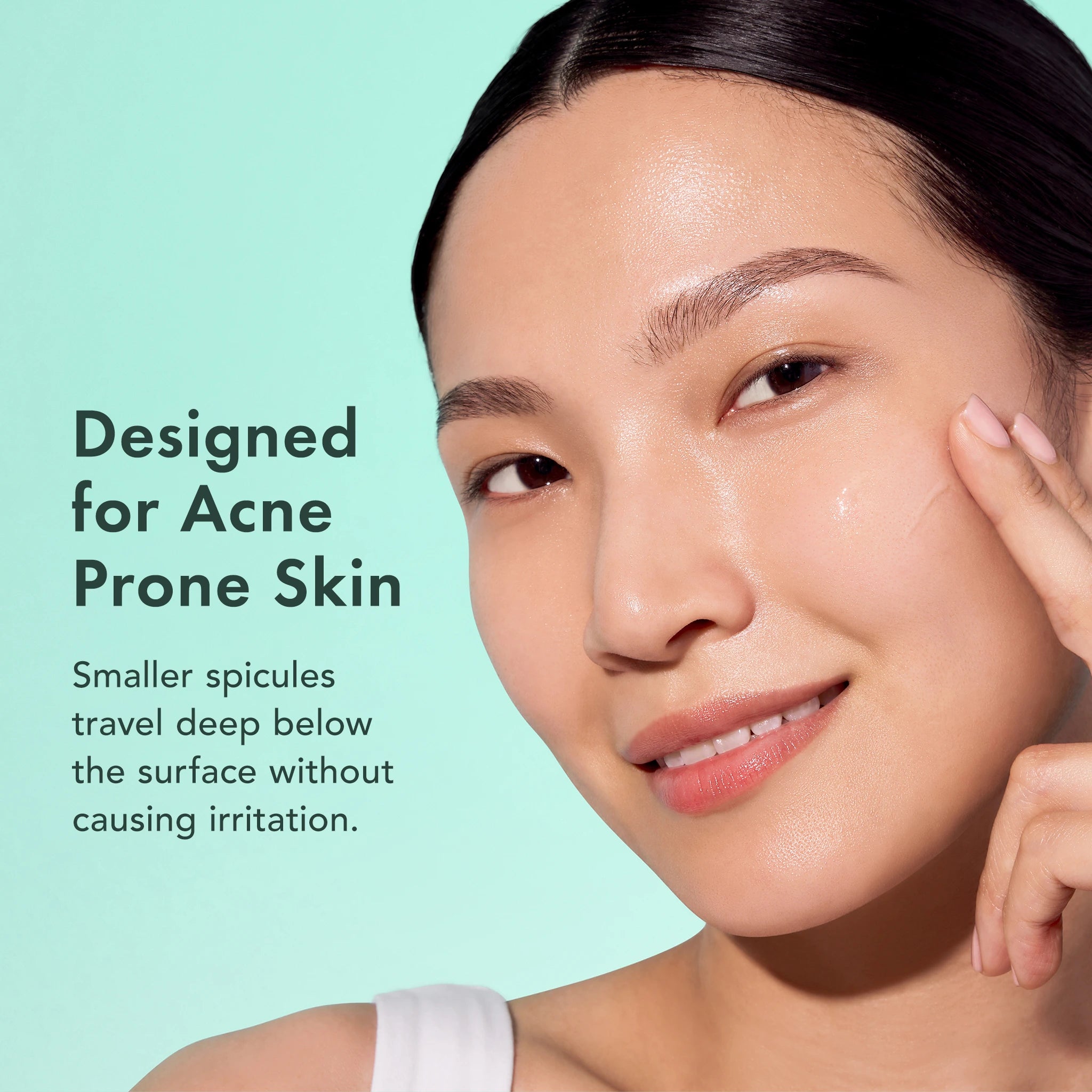 Woman applying microneedling serum with text about acne-prone skin on a light green background