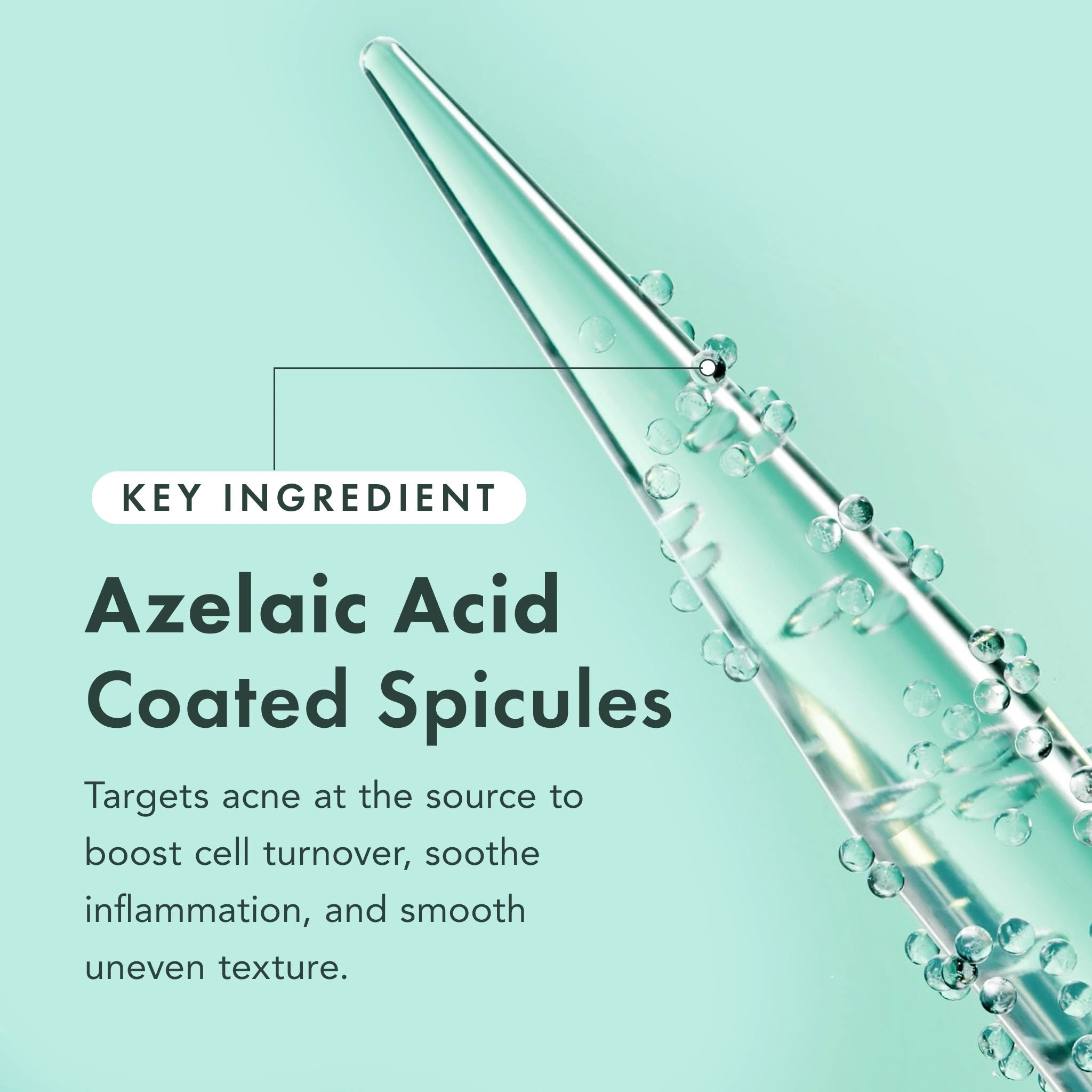 Glass tool with azelaic acid coated spicules on a light green background