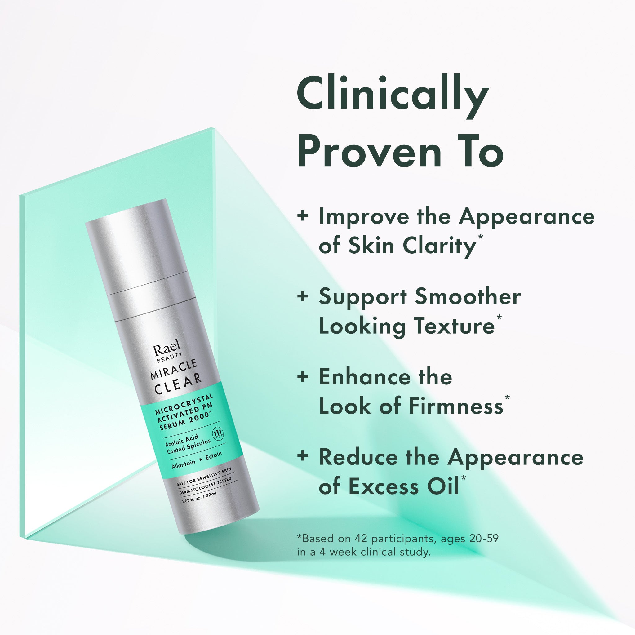 Skincare serum bottle with text highlighting its benefits on a light green and white background
