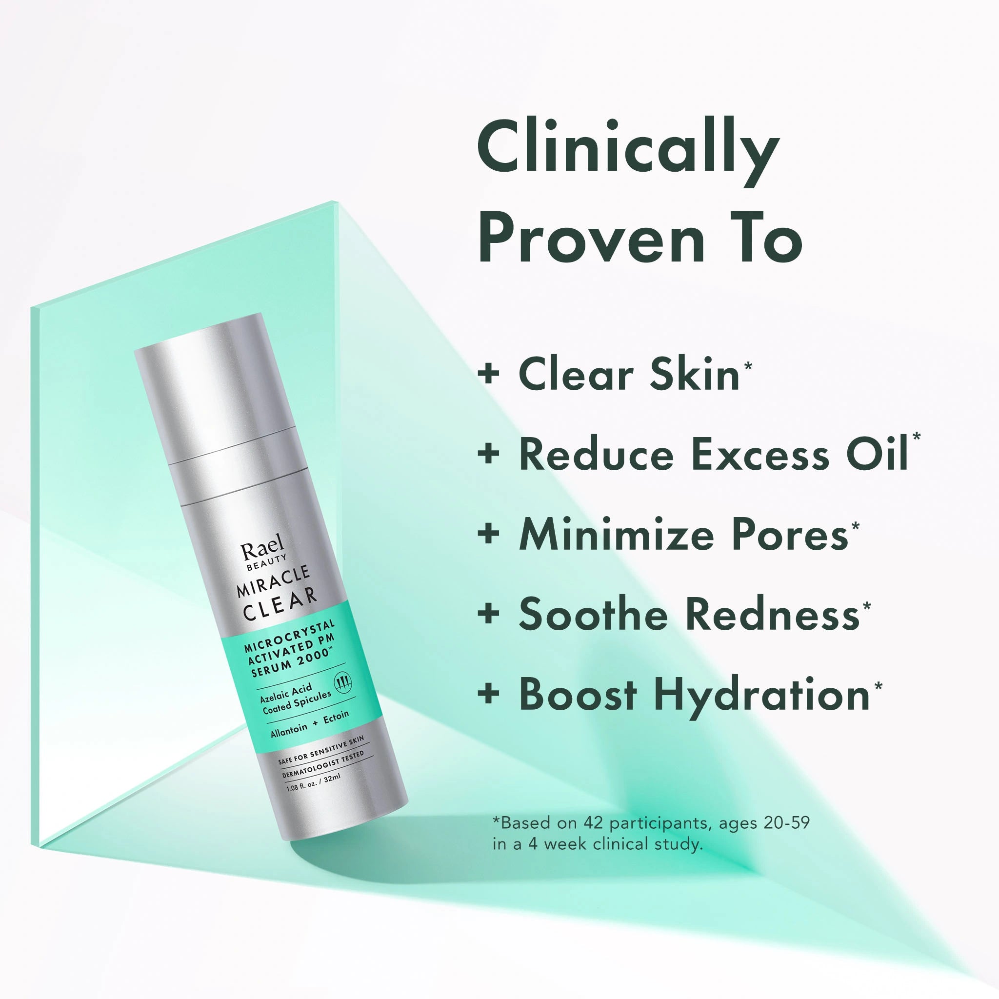 Microneedling serum bottle with text highlighting its benefits on a light green and white background
