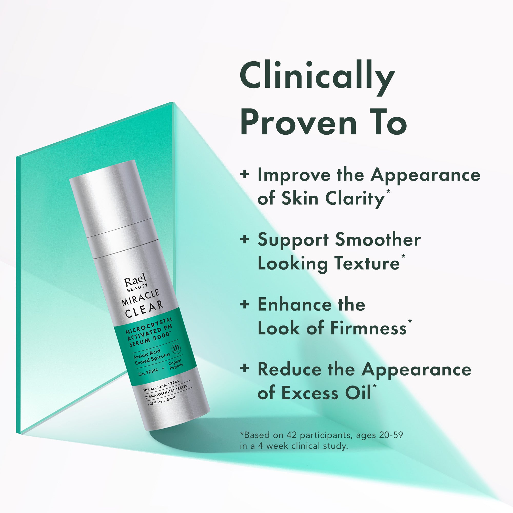 Skincare bottle with text highlighting clinical benefits on a gradient background