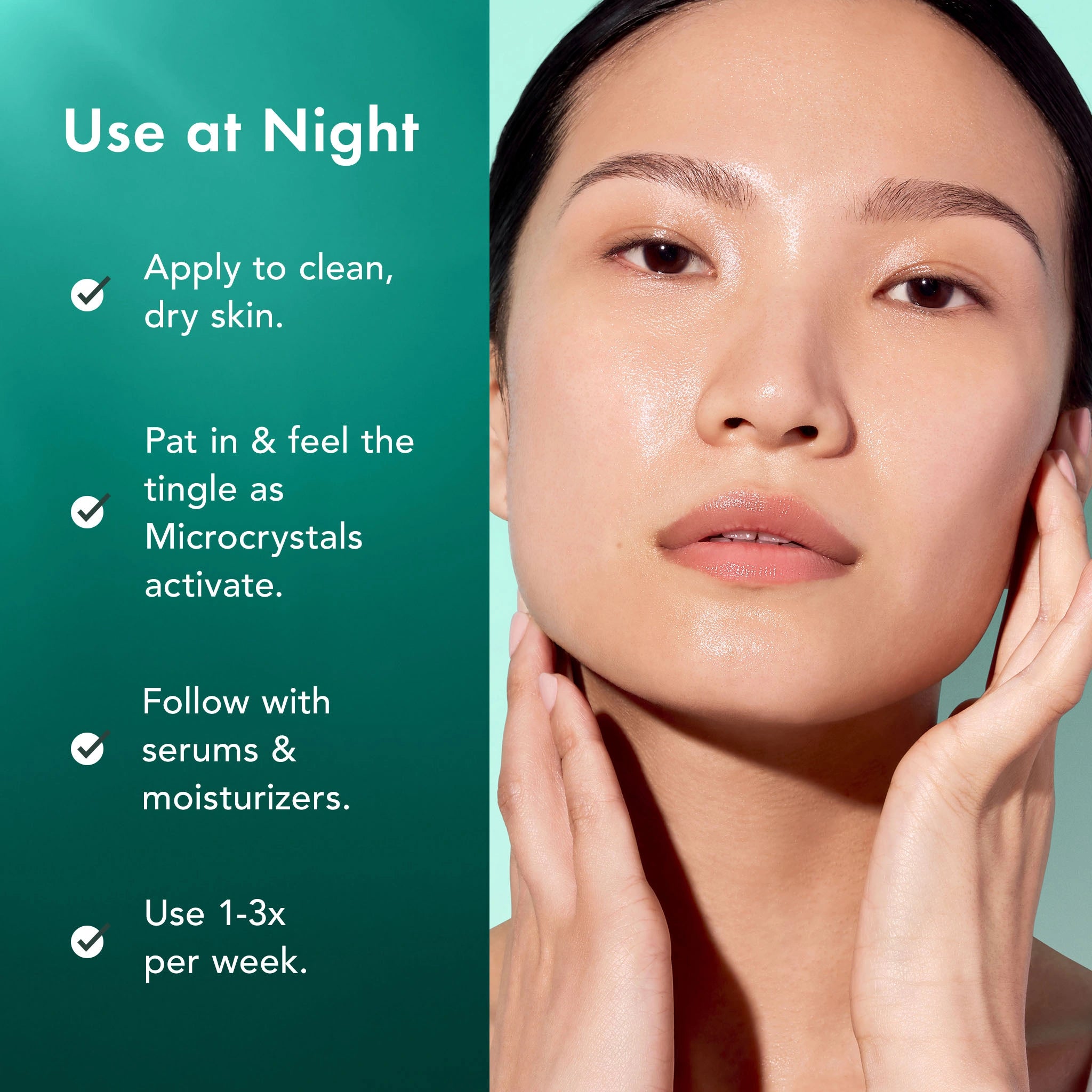 Liquid microneedling product use instructions with a woman applying the serum to her face on a teal background