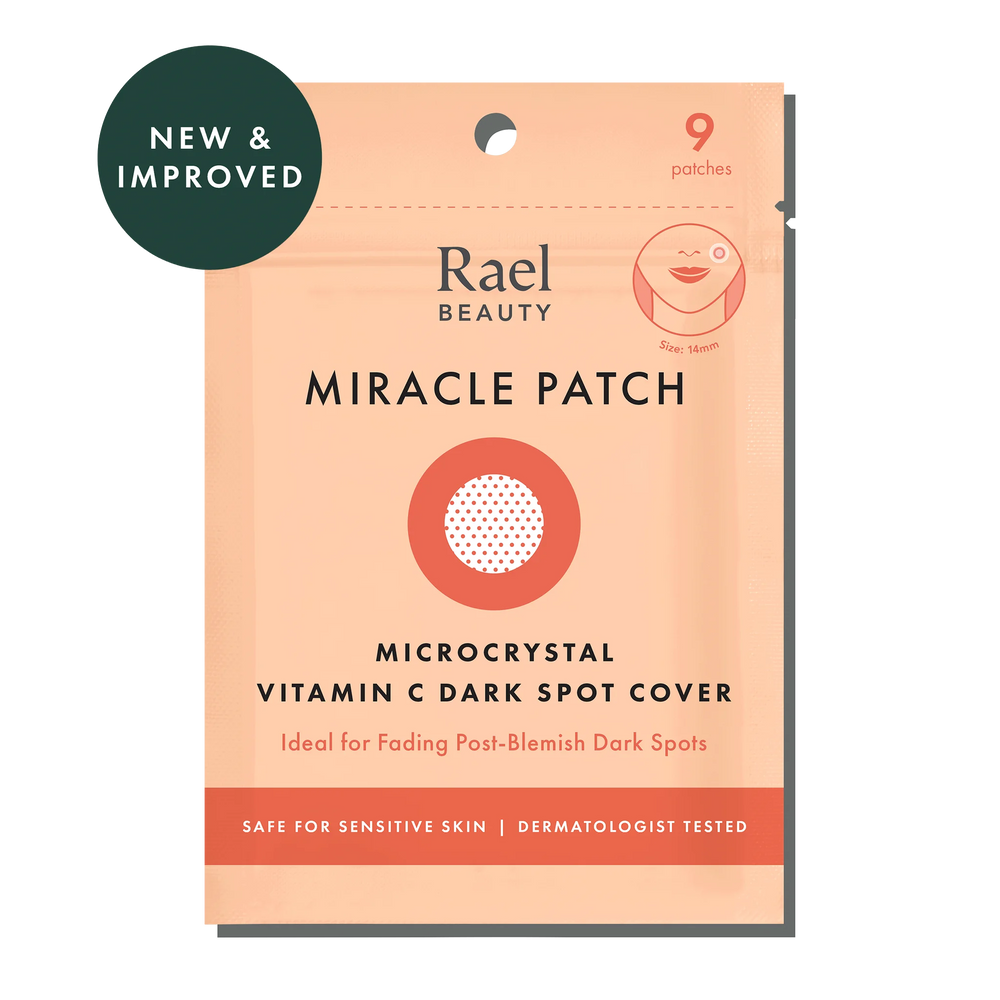 Packaging of Rael Beauty Miracle Patch, which is a microcrystal vitamin C dark spot cover. The package is orange with a picture of a patch and text detailing the product's use for fading post-blemish dark spots.