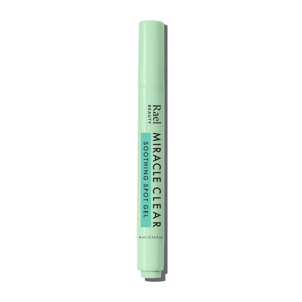 Mint green tube of Rael Miracle Clear Soothing Spot Gel on a white background