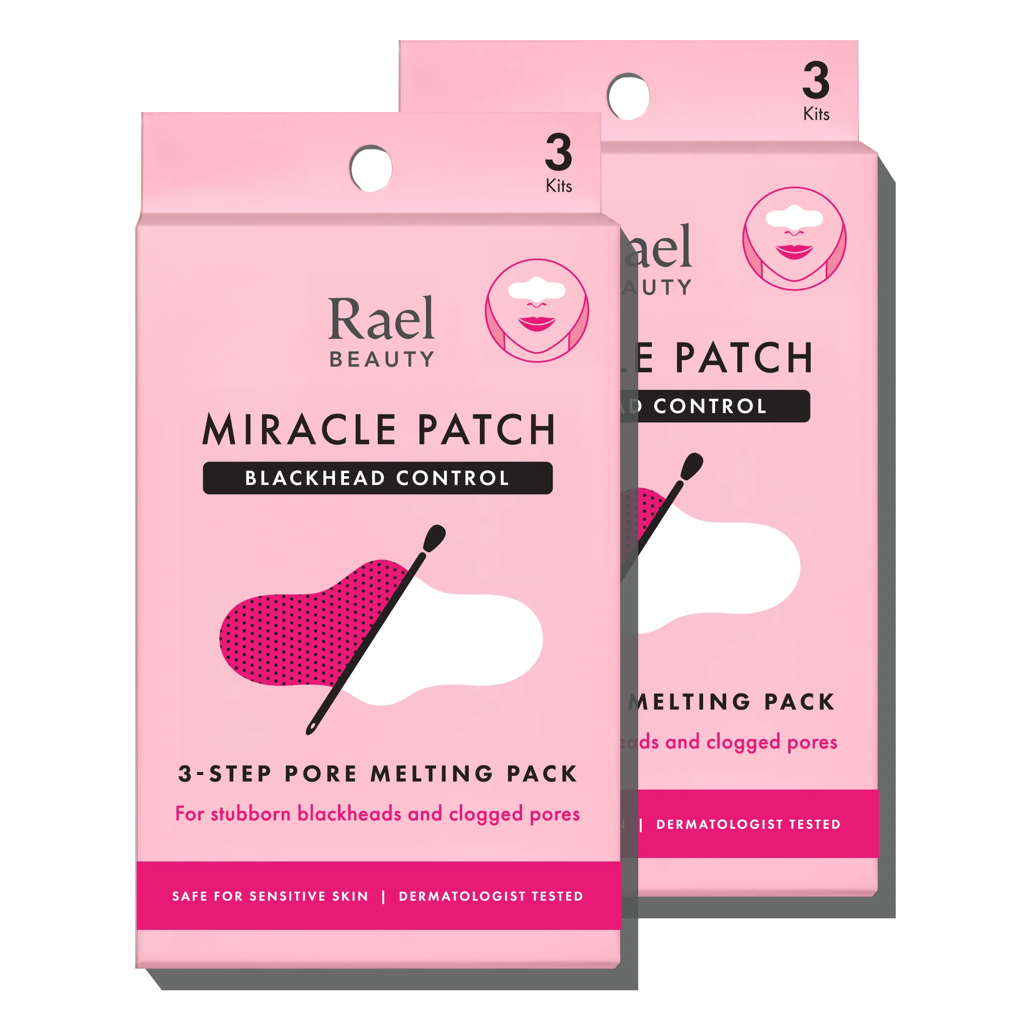 Packaging of Rael Beauty Miracle Patch 3-Step Pore Melting Pack, with three steps labeled as 'Pore Melting Pack', 'Double-Sided Tool', and 'Soothing Sheet'. The packaging is pink with images of the product and text, indicating that it is for blackhead control and safe for sensitive skin.