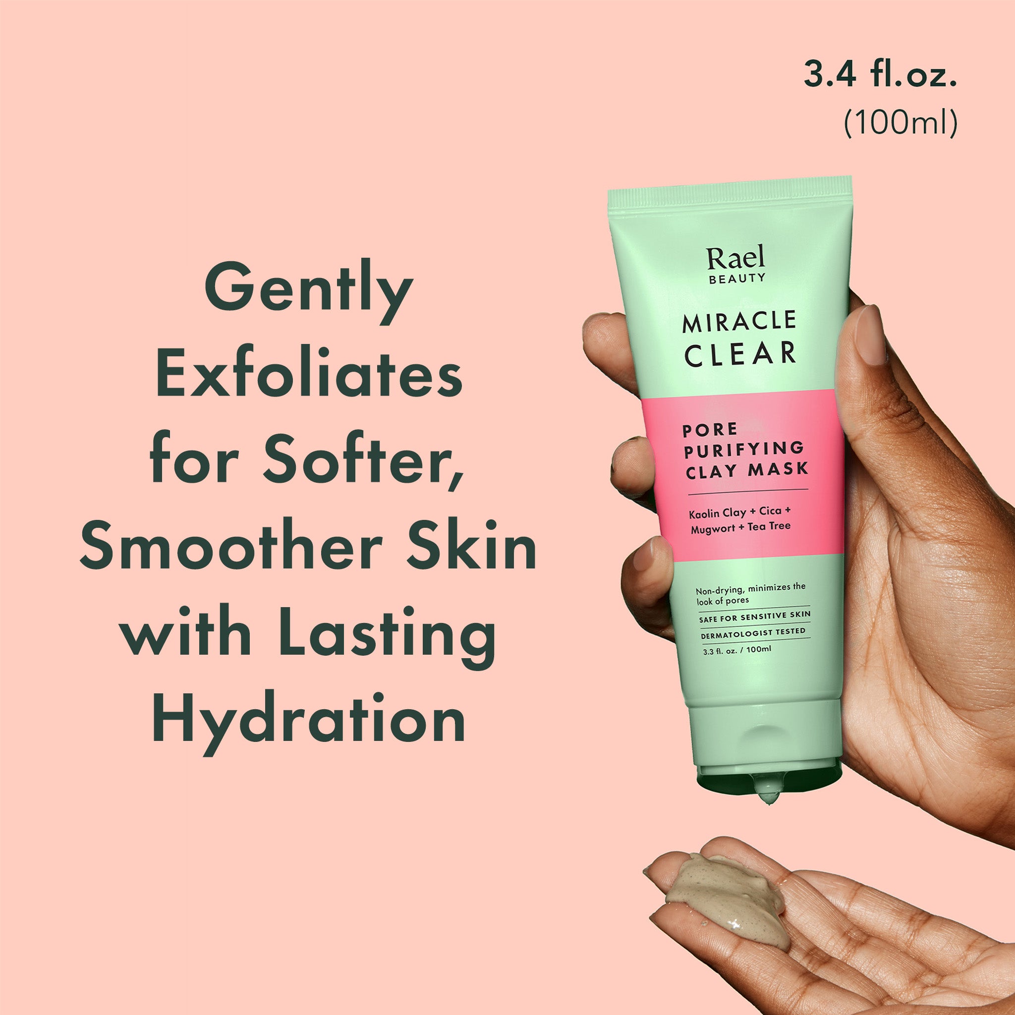 Rael Miracle Clear clay mask tube held in a hand with text on a pink background