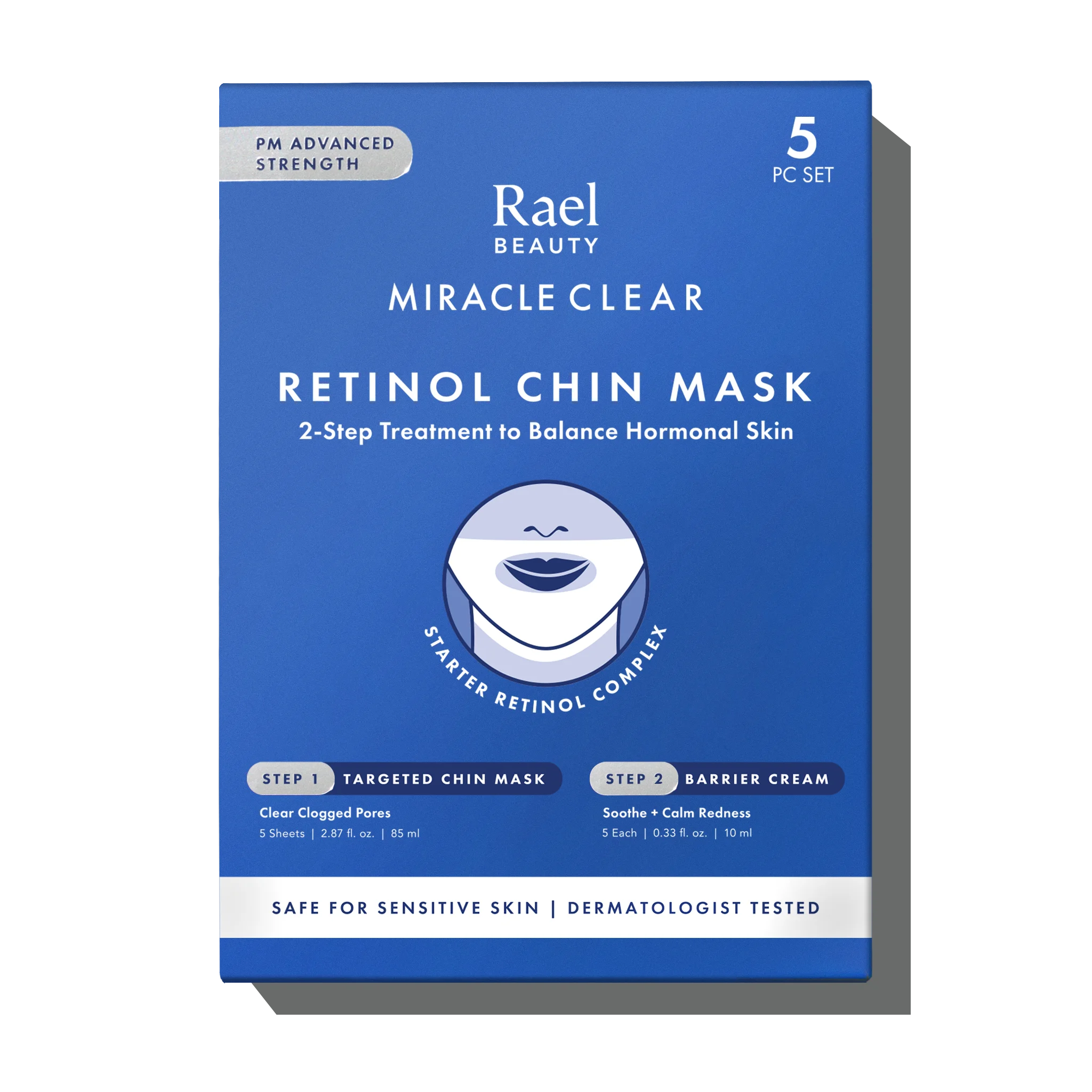 Packaging of Rael Beauty Miracle Clear Retinol Chin Mask, indicating it's a 2-step mask set with 5 uses, suitable for sensitive skin.