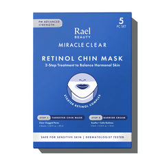 Packaging of Rael Beauty Miracle Clear Retinol Chin Mask, indicating it's a 2-step mask set with 5 uses, suitable for sensitive skin.