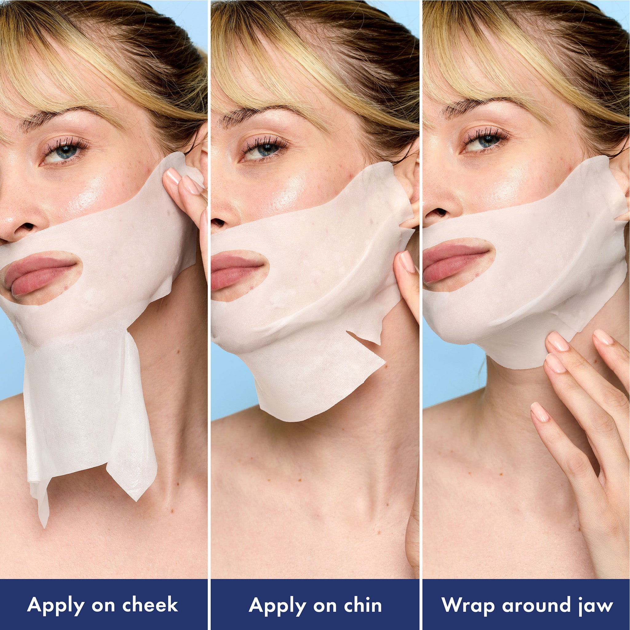 Three stages of applying a facial mask to the face with text indicating application locations.