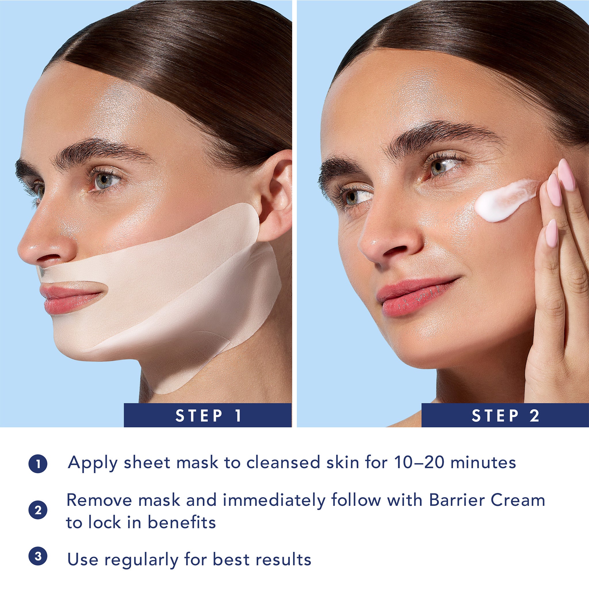 Step-by-step guide on applying a sheet mask with text instructions.
