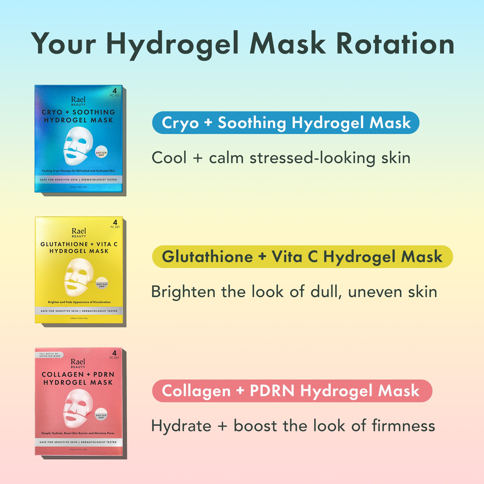 Promotional graphic for hydrogel masks with product names and benefits on a gradient background