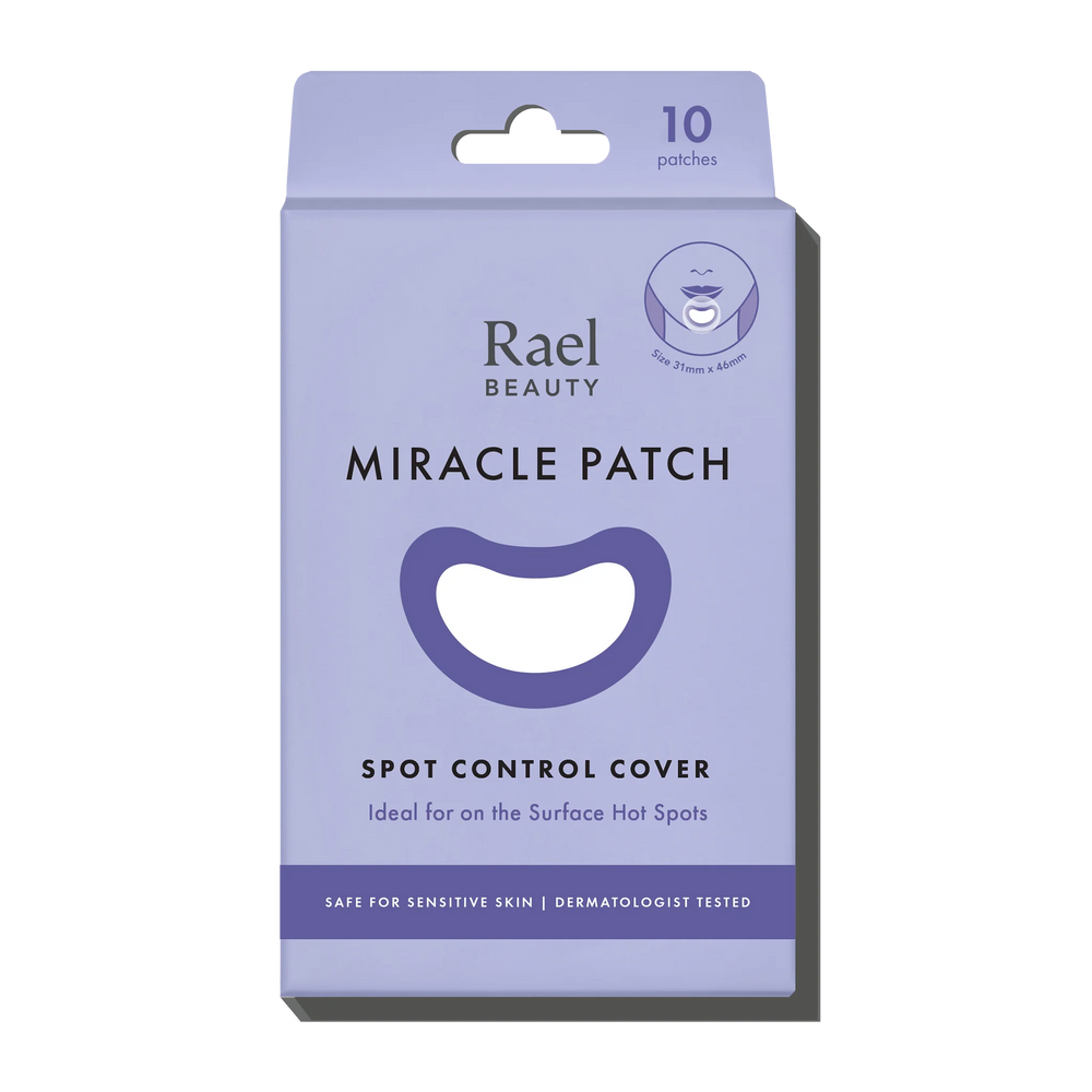 Rael Beauty Miracle Patch Spot Control Cover packaging with a purple color scheme on a white background.